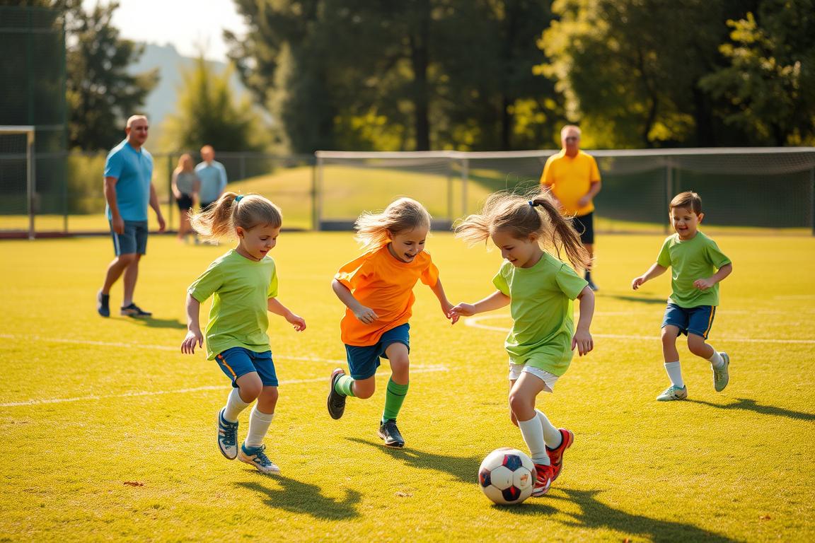 A peaceful, sun-drenched soccer field, where young players in vibrant jerseys engage in friendly, spirited play. Coaches and parents observe from the sidelines, their expressions beaming with encouragement and pride. The atmosphere is one of joyful camaraderie, with laughter and gentle cheers punctuating the rhythmic thud of the ball. Soft, diffused lighting casts a warm, golden glow, highlighting the children's smiling faces and the parents' supportive gestures. This is a scene of game day conduct that nurtures the child's sense of freedom and confidence on the pitch.