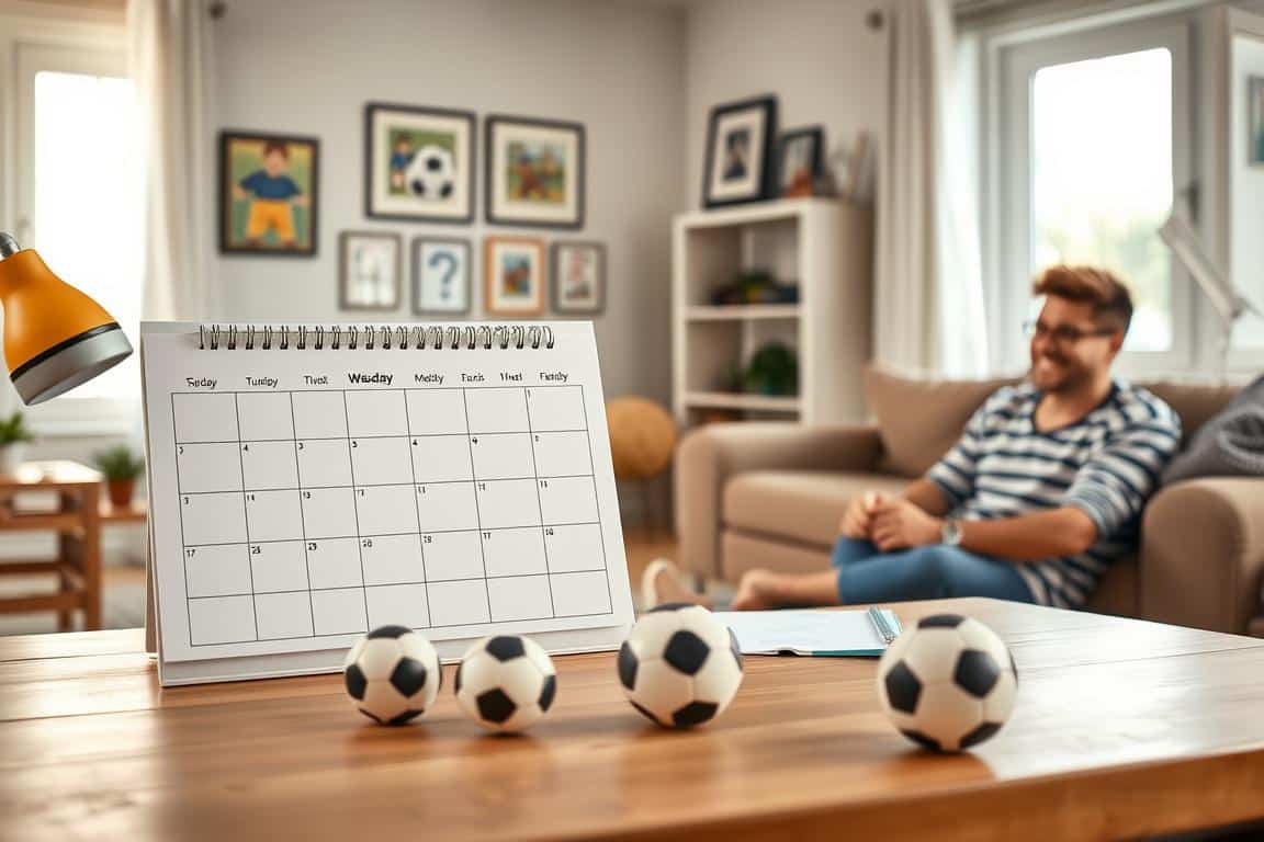 A serene home office setting with a crisp, clean weekly schedule prominently displayed on a wooden desk. In the foreground, a smiling child plays with toy soccer balls and a parent sits nearby, their expression warm and engaged. The middle ground features a cozy family living room, with a large window allowing soft, natural light to fill the space. In the background, framed soccer-themed artwork and photographs hang on the walls, creating a welcoming atmosphere. The overall mood is one of organization, comfort, and quality family time. A serene home office setting with a crisp, clean weekly schedule prominently displayed on a wooden desk. In the foreground, a smiling child plays with toy soccer balls and a parent sits nearby, their expression warm and engaged. The middle ground features a cozy family living room, with a large window allowing soft, natural light to fill the space. In the background, framed soccer-themed artwork and photographs hang on the walls, creating a welcoming atmosphere. The overall mood is one of organization, comfort, and quality family time.