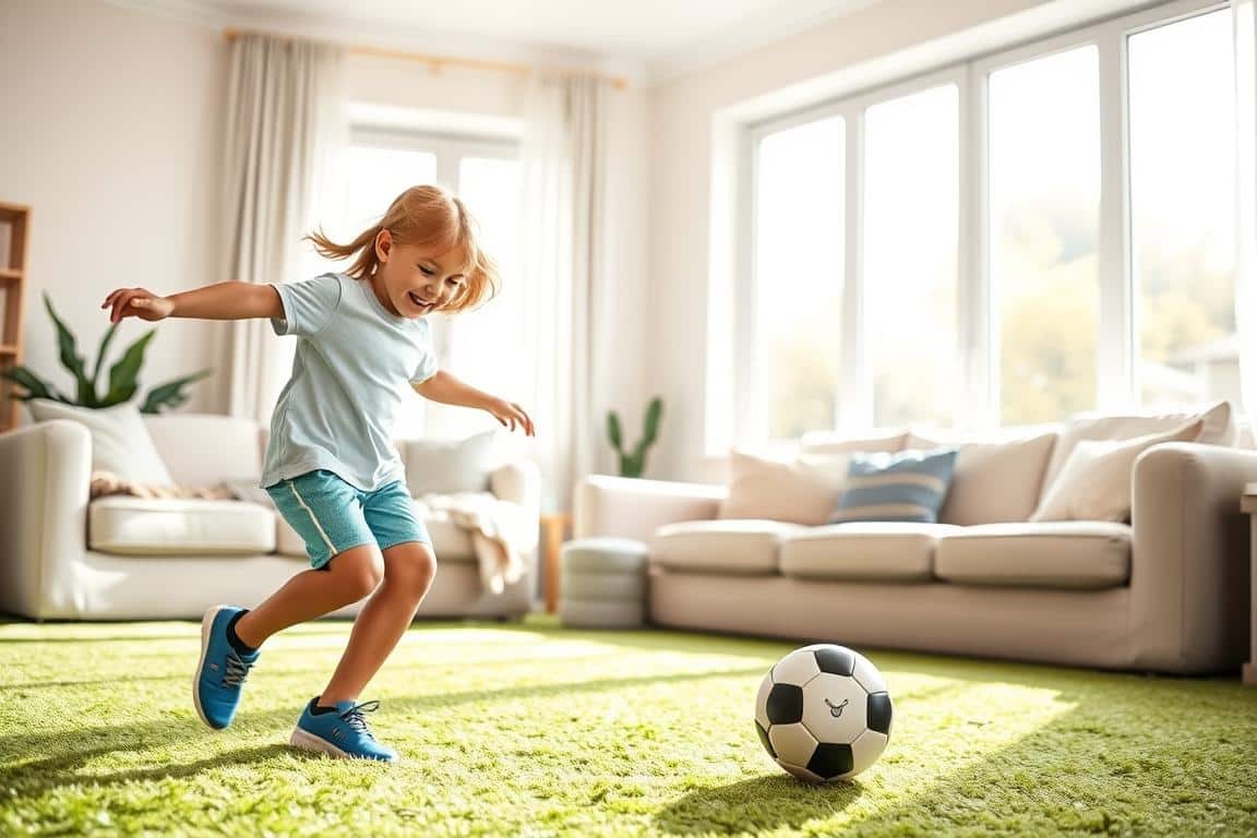A serene home setting with natural light streaming in, showcasing a young soccer player practicing ball skills with confidence and joy. In the foreground, a smiling child skillfully navigates a soccer ball, their focus and determination evident. The middle ground features a cozy, welcoming living room, with plush furniture and a warm color palette. In the background, a large window offers a glimpse of a tranquil outdoor space, perhaps a backyard or a park, emphasizing the safe and nurturing environment. The overall mood is one of calm, encouragement, and a sense of personal growth, reflecting the article's focus on building skills and confidence at home without burnout.