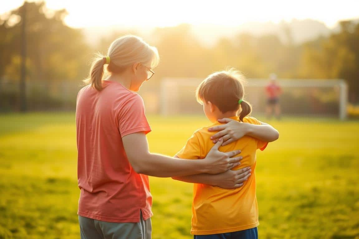 A serene outdoor scene, a parents' embrace enveloping their child after a soccer match. Soft morning light bathes the trio in a warm glow, highlighting the comforting gestures and expressions of reassurance. In the middle ground, a lush green field extends, a safe haven for the players. The background blurs into a hazy, calming landscape, conveying a sense of tranquility and emotional support. The parents' posture is open and nurturing, their faces reflecting empathy and understanding as they console their child, demonstrating how losses can be weathered with care and guidance. A serene outdoor scene, a parents' embrace enveloping their child after a soccer match. Soft morning light bathes the trio in a warm glow, highlighting the comforting gestures and expressions of reassurance. In the middle ground, a lush green field extends, a safe haven for the players. The background blurs into a hazy, calming landscape, conveying a sense of tranquility and emotional support. The parents' posture is open and nurturing, their faces reflecting empathy and understanding as they console their child, demonstrating how losses can be weathered with care and guidance.