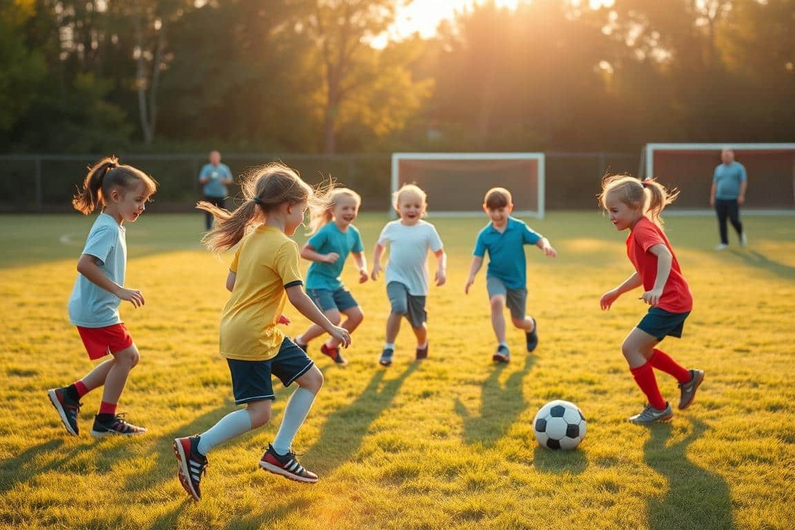A serene outdoor soccer field bathed in warm, golden afternoon light. A group of young players, ages 6-10, engaged in a friendly match, their faces lit with joyful expressions as they dribble, pass, and shoot the ball. The setting is surrounded by lush green grass, with a few parents and coaches cheering from the sidelines. The atmosphere is one of encouragement and support, fostering the children's development in a safe, nurturing environment. A serene outdoor soccer field bathed in warm, golden afternoon light. A group of young players, ages 6-10, engaged in a friendly match, their faces lit with joyful expressions as they dribble, pass, and shoot the ball. The setting is surrounded by lush green grass, with a few parents and coaches cheering from the sidelines. The atmosphere is one of encouragement and support, fostering the children's development in a safe, nurturing environment.