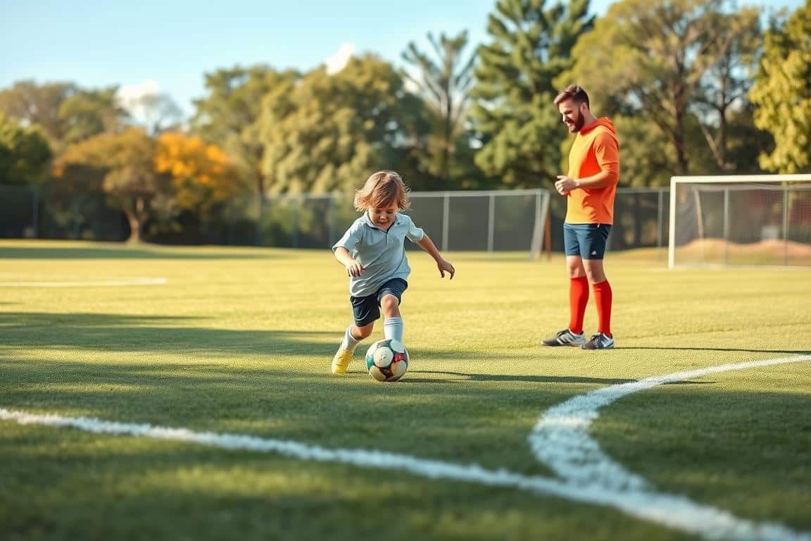 A serene soccer field on a sunny day, with a young player dribbling the ball, their parents watching from the sidelines. The parents wear calm, supportive expressions, their body language conveying understanding and encouragement. The coach stands nearby, offering guidance with a gentle smile. The environment is safe and welcoming, with soft, pastel tones creating a sense of peace and positivity. The overall mood is one of mindful presence, where the focus is on the joy of the game and the well-being of the players, rather than external pressure or high expectations. A serene soccer field on a sunny day, with a young player dribbling the ball, their parents watching from the sidelines. The parents wear calm, supportive expressions, their body language conveying understanding and encouragement. The coach stands nearby, offering guidance with a gentle smile. The environment is safe and welcoming, with soft, pastel tones creating a sense of peace and positivity. The overall mood is one of mindful presence, where the focus is on the joy of the game and the well-being of the players, rather than external pressure or high expectations.