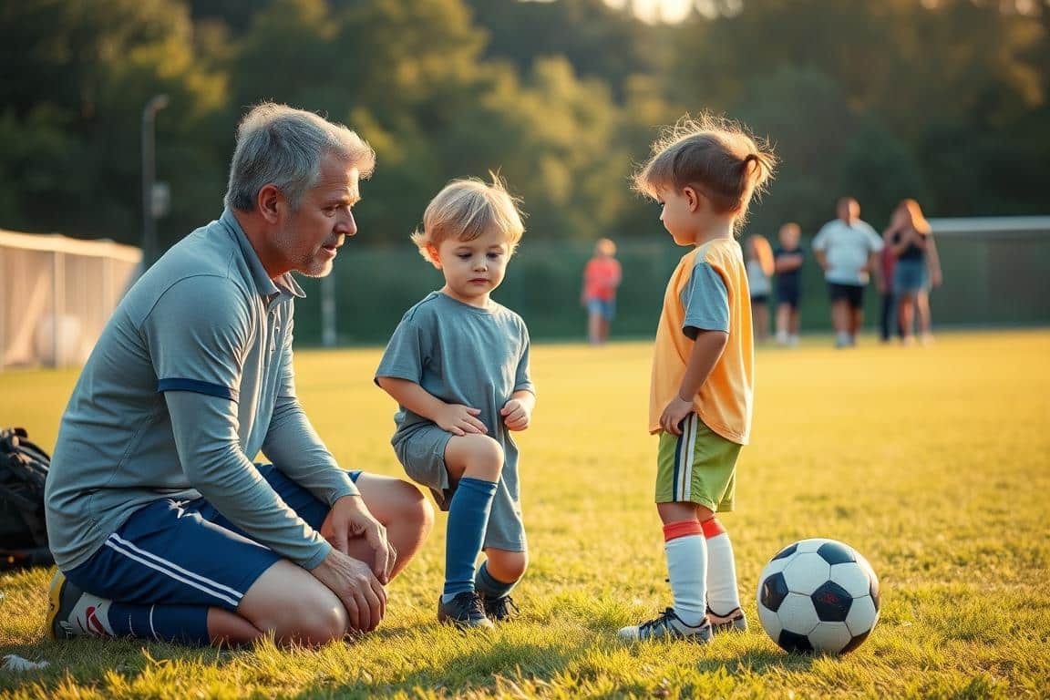 A soccer coach kneeling on the sidelines, intently communicating with a young player, their faces lit by the warm glow of the afternoon sun. In the background, a lush, grassy field stretches out, with the other players and parents watching attentively. The coach's expression is one of encouragement and guidance, fostering a positive, supportive environment for the young athlete. Soft, muted tones create a serene, calming atmosphere, emphasizing the nurturing dynamic between coach and player. A soccer coach kneeling on the sidelines, intently communicating with a young player, their faces lit by the warm glow of the afternoon sun. In the background, a lush, grassy field stretches out, with the other players and parents watching attentively. The coach's expression is one of encouragement and guidance, fostering a positive, supportive environment for the young athlete. Soft, muted tones create a serene, calming atmosphere, emphasizing the nurturing dynamic between coach and player.
