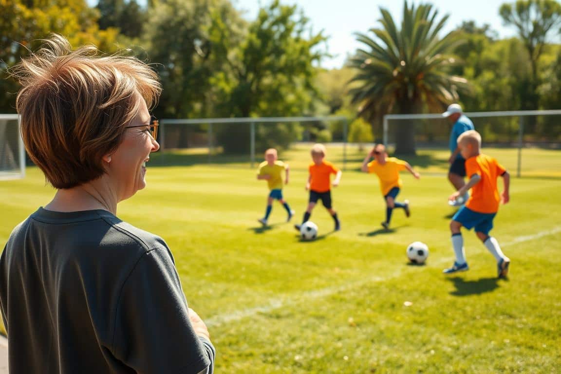 A sunlit soccer field, with a group of enthusiastic young players eagerly waiting for their tryout session to begin. In the foreground, a smiling parent watches attentively, offering encouragement and support. The scene is warm and inviting, with a gentle breeze rustling the lush green grass. The players, clad in brightly colored jerseys, demonstrate their skills through agile dribbling and precise passing, as the coach observes from the sidelines, offering guidance and feedback. The overall atmosphere is one of excitement and camaraderie, capturing the spirit of the tryout experience for both the players and their supportive parents.