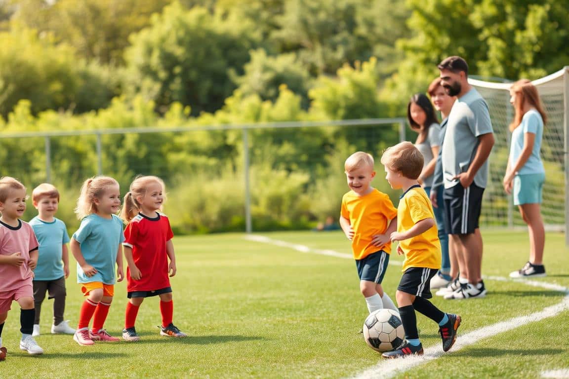 A tranquil soccer sideline setting, with parents and coaches standing or sitting on the sidelines, observing the game with a sense of calm engagement. The foreground features a group of smiling, attentive children in colorful jerseys, engaged in a safe, friendly game. The middle ground showcases the sideline, with adults in casual, comfortable clothing, offering encouragement and guidance to the players. The background gently fades into a lush, verdant landscape, creating a serene, inviting atmosphere. The lighting is soft and natural, casting a warm glow over the entire scene. The overall mood is one of positivity, teamwork, and a clear delineation of roles and boundaries on the soccer sideline. A tranquil soccer sideline setting, with parents and coaches standing or sitting on the sidelines, observing the game with a sense of calm engagement. The foreground features a group of smiling, attentive children in colorful jerseys, engaged in a safe, friendly game. The middle ground showcases the sideline, with adults in casual, comfortable clothing, offering encouragement and guidance to the players. The background gently fades into a lush, verdant landscape, creating a serene, inviting atmosphere. The lighting is soft and natural, casting a warm glow over the entire scene. The overall mood is one of positivity, teamwork, and a clear delineation of roles and boundaries on the soccer sideline.