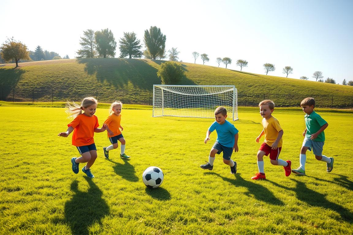A vibrant youth soccer field, the sun casting a warm glow across the lush green grass. In the foreground, a group of smiling children in brightly colored jerseys, their faces alight with joy as they dribble the ball and pass to one another. The middle ground features a set of sturdy, but approachable goals, inviting young players to take their shots. In the background, a gently sloping hill dotted with trees provides a serene backdrop, creating a safe and inviting atmosphere. The scene is captured with a wide-angle lens, emphasizing the sense of community and the importance of fostering a fun-first mindset in the early days of a child's soccer journey. A vibrant youth soccer field, the sun casting a warm glow across the lush green grass. In the foreground, a group of smiling children in brightly colored jerseys, their faces alight with joy as they dribble the ball and pass to one another. The middle ground features a set of sturdy, but approachable goals, inviting young players to take their shots. In the background, a gently sloping hill dotted with trees provides a serene backdrop, creating a safe and inviting atmosphere. The scene is captured with a wide-angle lens, emphasizing the sense of community and the importance of fostering a fun-first mindset in the early days of a child's soccer journey.