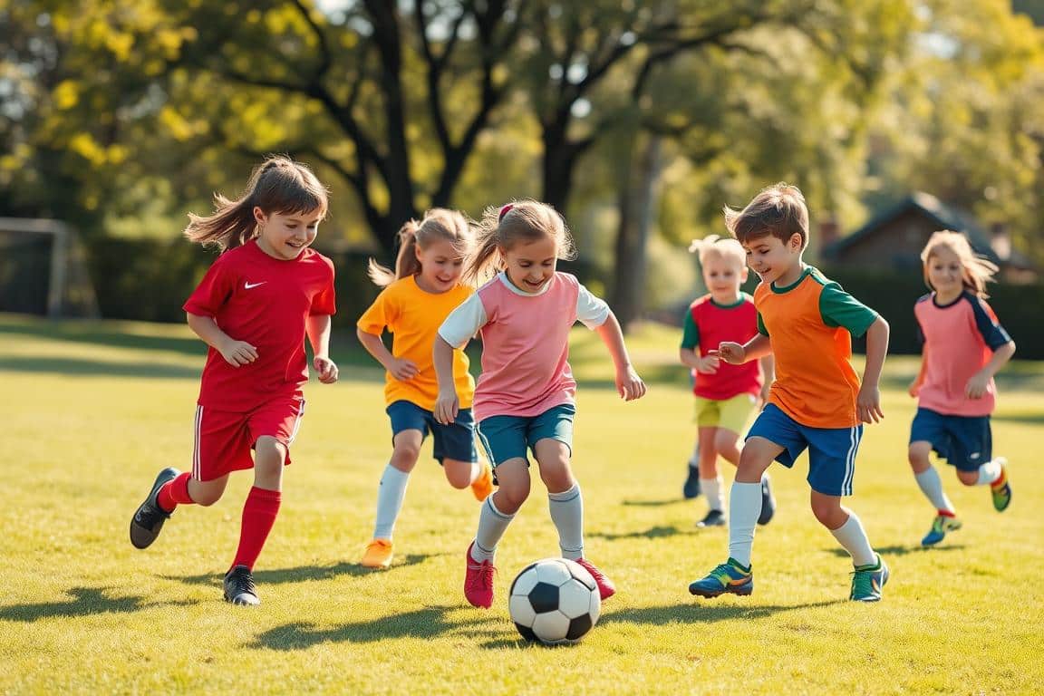 Soccer practice at a local park on a sunny day. A group of young soccer players, aged 8-12, are engaged in various drills and exercises led by a patient, encouraging coach. The field is well-maintained with a soft, green grass surface. Warm sunlight filters through the trees, casting a gentle glow on the scene. The kids wear brightly colored uniforms and are smiling, their expressions filled with focus and determination as they pass the ball, dribble, and practice shooting. The atmosphere is one of camaraderie and joy, fostering a love for the sport. A safe, supportive environment where realistic goals are set and healthy practice habits are built. Soccer practice at a local park on a sunny day. A group of young soccer players, aged 8-12, are engaged in various drills and exercises led by a patient, encouraging coach. The field is well-maintained with a soft, green grass surface. Warm sunlight filters through the trees, casting a gentle glow on the scene. The kids wear brightly colored uniforms and are smiling, their expressions filled with focus and determination as they pass the ball, dribble, and practice shooting. The atmosphere is one of camaraderie and joy, fostering a love for the sport. A safe, supportive environment where realistic goals are set and healthy practice habits are built.