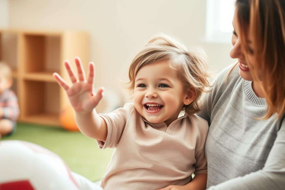 a young child smiling and waving happily in a safe, nurturing environment, surrounded by soft pastel colors and a sense of warmth and joy, with a gentle, encouraging adult figure nearby, providing a supportive and comforting presence, bathed in soft, natural lighting that creates a calming, inviting atmosphere, captured through a medium-wide lens that frames the scene with a sense of care and compassion.