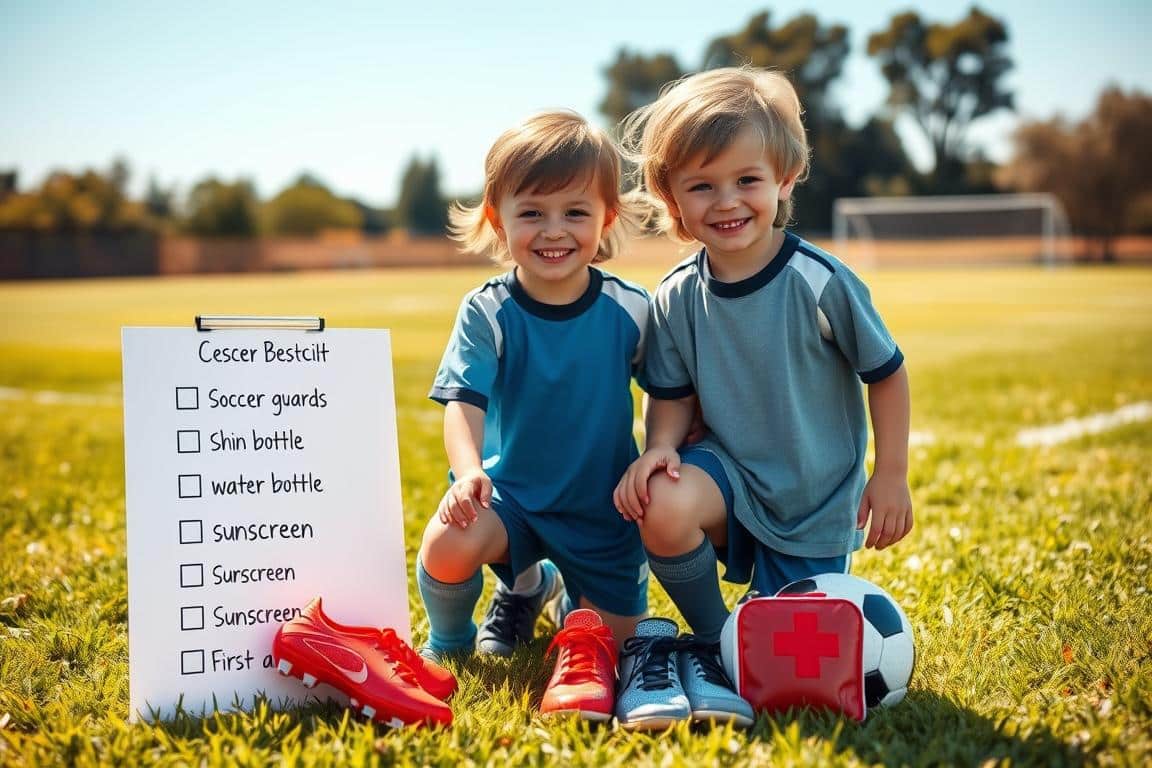 A cozy outdoor scene, with a vibrant green grass field and a clear blue sky in the background. In the foreground, a neatly arranged checklist of essential soccer season gear, including cleats, shin guards, water bottle, sunscreen, and a first-aid kit. Two smiling children, dressed in their soccer uniforms, are gently placing the items on the checklist, creating a sense of excitement and preparation for the upcoming season. The lighting is warm and inviting, casting a soft glow on the scene, and the overall mood is one of organization and anticipation.
