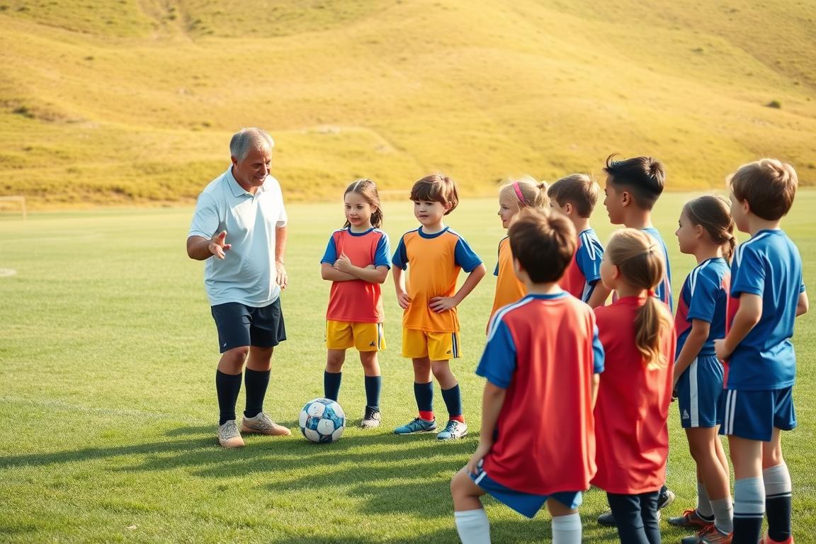 A group of young soccer players gathered on a lush green field, engaged in a dynamic coaching session. The coach, with a warm and encouraging demeanor, gestures animatedly as the players listen intently, their expressions reflecting a sense of understanding and enthusiasm. Soft, diffused sunlight bathes the scene, creating a calming atmosphere. In the background, a gently rolling hillside provides a natural, serene backdrop, reinforcing the idea of a safe, nurturing environment for the players to learn and grow.