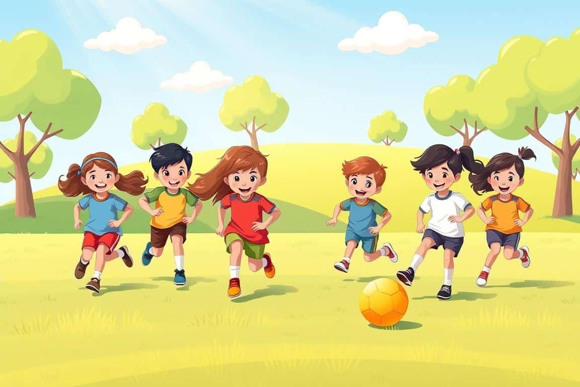 A joyful scene capturing preschool-aged children playing soccer in a bright, cheerful park. In the foreground, a diverse group of smiling kids, wearing colorful, modest athletic clothing, chase after a bright yellow soccer ball. Their expressions reflect excitement and enthusiasm as they engage in a friendly game. In the middle background, a gently sloping grassy field surrounded by playful, soft green trees and a few fluffy white clouds in a blue sky creates a lively backdrop. The lighting is warm and soft, suggesting a pleasant afternoon, with sunbeams enhancing the cheerful mood. This safe play environment promotes friendship and teamwork, perfect for an illustration conveying the readiness and enjoyment of preschool soccer. A joyful scene capturing preschool-aged children playing soccer in a bright, cheerful park. In the foreground, a diverse group of smiling kids, wearing colorful, modest athletic clothing, chase after a bright yellow soccer ball. Their expressions reflect excitement and enthusiasm as they engage in a friendly game. In the middle background, a gently sloping grassy field surrounded by playful, soft green trees and a few fluffy white clouds in a blue sky creates a lively backdrop. The lighting is warm and soft, suggesting a pleasant afternoon, with sunbeams enhancing the cheerful mood. This safe play environment promotes friendship and teamwork, perfect for an illustration conveying the readiness and enjoyment of preschool soccer.
