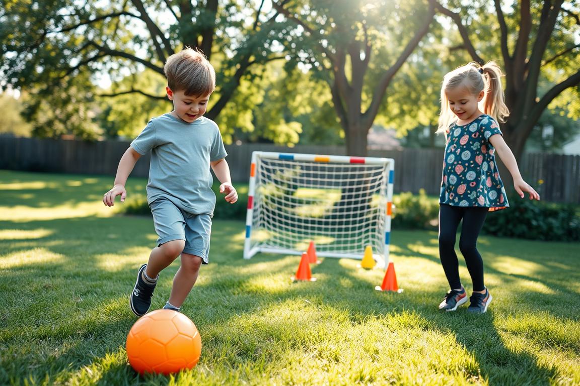 A serene backyard scene showcasing two smiling children, a boy and a girl, practicing soccer skills together. In the foreground, the boy, dressed in a comfortable, modest t-shirt and shorts, is dribbling a bright orange soccer ball, while the girl, wearing a fun patterned shirt and leggings, prepares to receive the pass. The middle ground includes a small goal made of colorful cones, emphasizing a safe play environment filled with soft green grass. In the background, a gentle sunlight filters through leafy trees, creating a warm and inviting atmosphere. The overall mood is playful and encouraging, highlighting teamwork and personal growth, captured from a low angle to create a sense of immersion in their joyful training session.