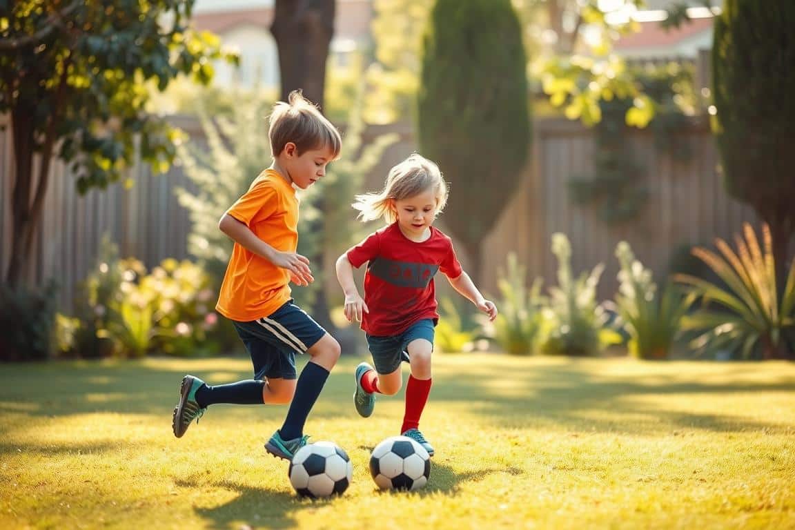 A serene backyard setting with a pair of young soccer players practicing ball control and passing drills. Soft, natural lighting illuminates their focused expressions as they hone their midfield skills, surrounded by lush greenery and a gentle, hazy atmosphere. The scene conveys a sense of joy, teamwork, and the nurturing environment of a supportive parent guiding their child's soccer development.