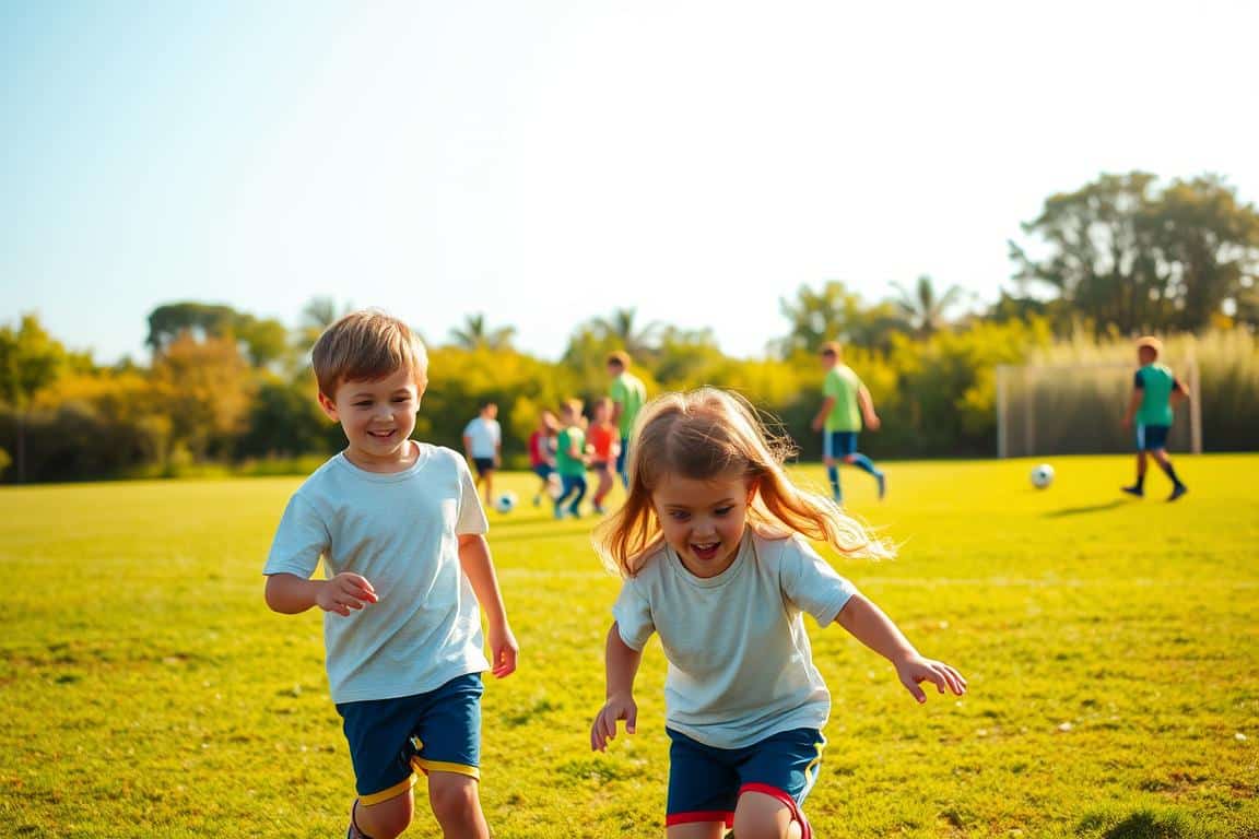 A serene soccer field bathed in warm, golden light. In the foreground, two young players, a boy and a girl, engage in a friendly game, their faces alight with joy and determination. The middle ground showcases a diverse group of children, each at a different stage of their development, practicing drills and honing their skills under the watchful eye of an encouraging coach. In the background, lush greenery and a clear blue sky create a calming, nurturing atmosphere, reflecting the supportive environment for player growth. The scene conveys the essence of soccer parenting - guiding each child's unique journey, fostering their love of the game, and cultivating their individual talents.