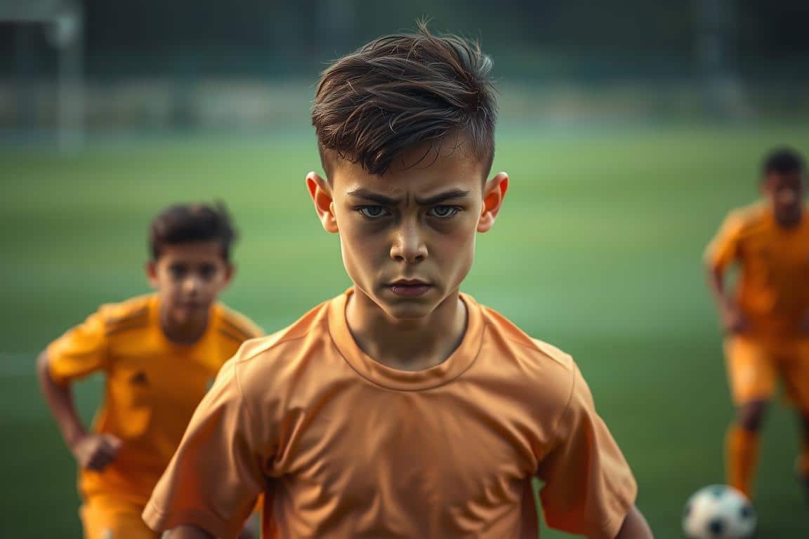 A soccer player in a game, their face tense with concentration, sweat beading on their brow as they navigate the field. The background is a blurred green pitch, with the opposing team's silhouettes in the distance, creating a sense of pressure and intensity. Warm, muted tones bathe the scene, conveying a calming atmosphere despite the high-stakes situation. The player's jersey is plain, without any distracting logos or text, allowing the focus to remain on their determined expression and body language. A soft, natural lighting illuminates the player, highlighting their focus and determination. A soccer player in a game, their face tense with concentration, sweat beading on their brow as they navigate the field. The background is a blurred green pitch, with the opposing team's silhouettes in the distance, creating a sense of pressure and intensity. Warm, muted tones bathe the scene, conveying a calming atmosphere despite the high-stakes situation. The player's jersey is plain, without any distracting logos or text, allowing the focus to remain on their determined expression and body language. A soft, natural lighting illuminates the player, highlighting their focus and determination.