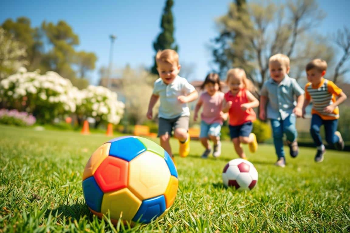 A vibrant and playful scene featuring a colorful mini soccer ball designed for toddlers, prominently displayed in the foreground. The ball should have bright patterns and soft textures, inviting safe play. In the middle ground, a group of smiling toddlers, dressed in modest casual clothing, are playing with the ball in a sunny, grassy park. Their expressions convey joy and excitement as they kick and chase after the ball. The background includes blooming flowers and tall trees under a clear blue sky, adding to the cheerful atmosphere. Bright, diffused lighting enhances the warmth of the scene, creating a safe and friendly environment perfect for young children to enjoy outdoor playtime. A vibrant and playful scene featuring a colorful mini soccer ball designed for toddlers, prominently displayed in the foreground. The ball should have bright patterns and soft textures, inviting safe play. In the middle ground, a group of smiling toddlers, dressed in modest casual clothing, are playing with the ball in a sunny, grassy park. Their expressions convey joy and excitement as they kick and chase after the ball. The background includes blooming flowers and tall trees under a clear blue sky, adding to the cheerful atmosphere. Bright, diffused lighting enhances the warmth of the scene, creating a safe and friendly environment perfect for young children to enjoy outdoor playtime.