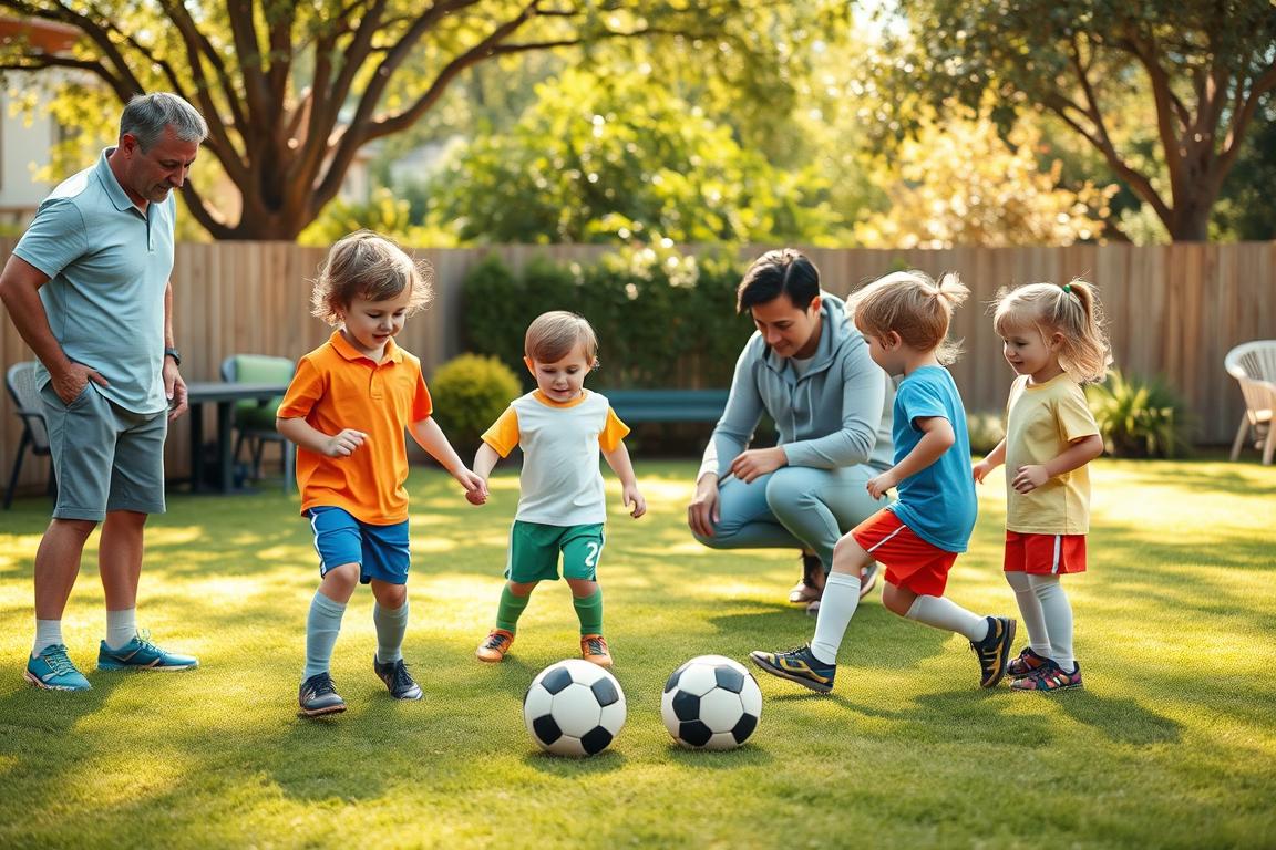 A vibrant, cheerful scene depicting a sunny backyard where coaches and parents actively support children's soccer development. In the foreground, a group of smiling preschoolers, dressed in colorful soccer uniforms, practice dribbling a small soccer ball with encouragement from two attentive coaches wearing modest casual attire. In the middle ground, a nurturing parent kneels beside a child, demonstrating proper kicking technique. The background features a well-maintained grassy area with soft sunlight filtering through trees, creating a warm, inviting atmosphere. The focus is on interaction and support, capturing the joy and teamwork in a playful yet educational setting. Soft pastel colors enhance the mood, with an emphasis on a safe, engaging play environment. No text or logos present, just the essence of family and community involvement in youth sports. A vibrant, cheerful scene depicting a sunny backyard where coaches and parents actively support children's soccer development. In the foreground, a group of smiling preschoolers, dressed in colorful soccer uniforms, practice dribbling a small soccer ball with encouragement from two attentive coaches wearing modest casual attire. In the middle ground, a nurturing parent kneels beside a child, demonstrating proper kicking technique. The background features a well-maintained grassy area with soft sunlight filtering through trees, creating a warm, inviting atmosphere. The focus is on interaction and support, capturing the joy and teamwork in a playful yet educational setting. Soft pastel colors enhance the mood, with an emphasis on a safe, engaging play environment. No text or logos present, just the essence of family and community involvement in youth sports.