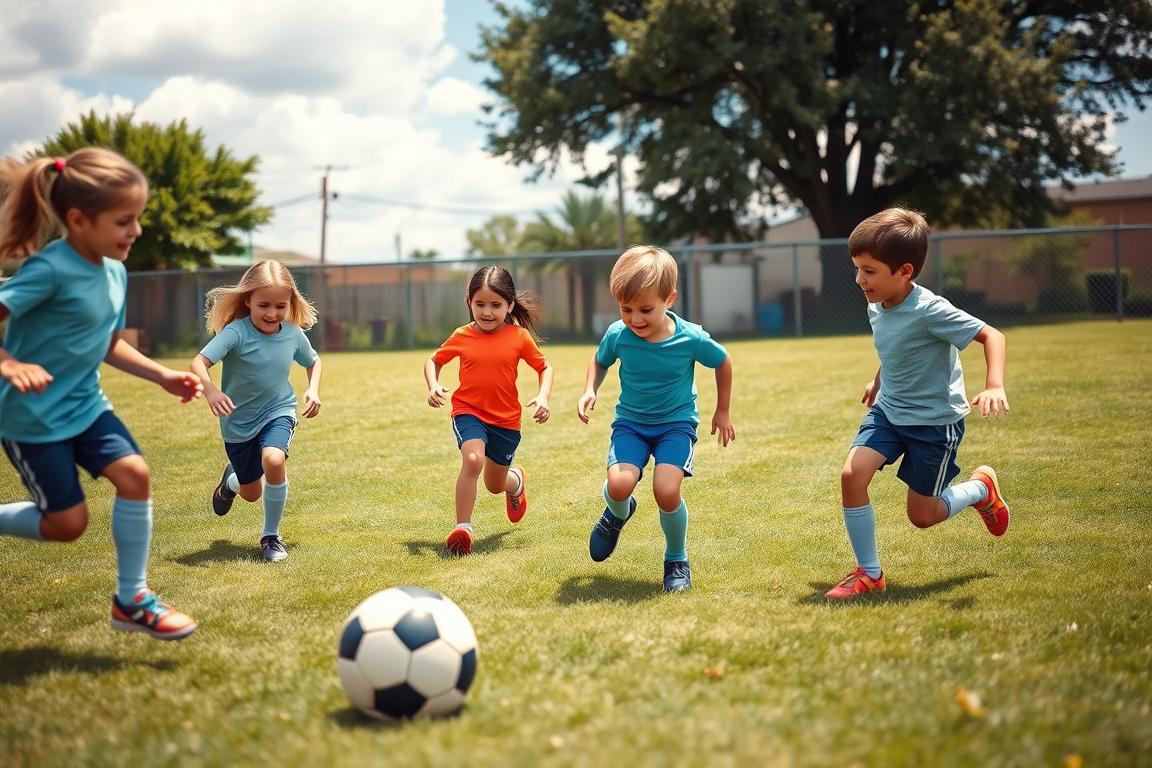 A vibrant, engaging scene of a small group of children aged 8-12 practicing soccer drills in a grassy backyard. In the foreground, three kids are running with a soccer ball, showcasing teamwork and joy, all wearing modest athletic clothing. In the middle ground, another two kids are focused on passing and receiving the ball, smiling as they learn from each other. The background features a beautiful sunny day with scattered clouds and a fence lined with trees, creating a welcoming atmosphere. The lighting is soft, casting gentle shadows that enhance the playful mood. The angle is slightly elevated, capturing the dynamics and energy of the group in action, emphasizing their camaraderie in a safe play environment.