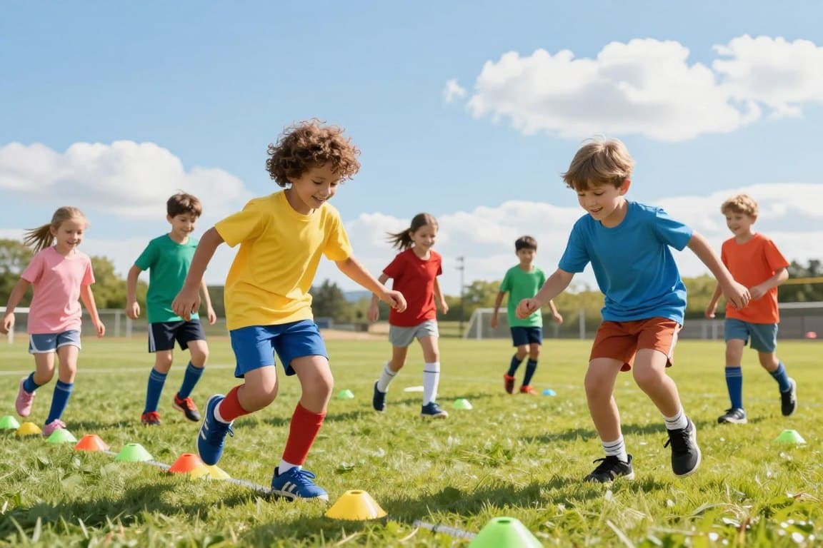 A vibrant outdoor scene depicting a group of smiling kids engaging in speed and agility conditioning exercises without a ball. In the foreground, two children are demonstrating quick footwork drills on a grassy field, focused and energetic as they navigate cones set up around them. The middle ground features other kids performing lateral shuffles and sprint drills, showcasing a range of athletic expressions and movements. In the background, a bright blue sky and a few fluffy clouds add to the uplifting atmosphere of a sunny day. The warm sunlight casts soft shadows, creating a cheerful and motivation-filled environment. The overall mood is energetic and playful, perfectly capturing the essence of active kids enjoying their conditioning routine.