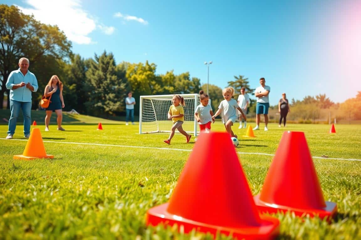 A vibrant outdoor soccer field setup for young children under 6 years old. In the foreground, a bright green grass field is lined with colorful cones indicating play zones. A small goalpost made of soft materials appears prominently. In the middle ground, several smiling kids, dressed in modest casual clothing and light athletic gear, are joyfully interacting and preparing to play. They exhibit a range of ethnicities, showcasing diversity. In the background, parents in casual attire cheer from a safe distance, with trees and a clear blue sky providing a bright, sunny atmosphere. The lighting is warm, enhancing the cheerful vibe of this safe play environment. The image captures a sense of excitement and fun, focusing on a nurturing soccer experience for young learners.