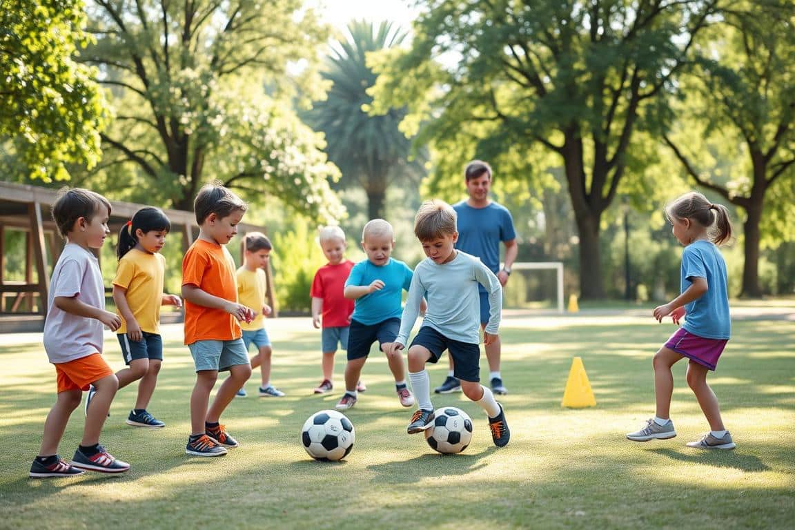 A vibrant, playful scene of young children engaged in simple soccer drills in a sunny park. In the foreground, a diverse group of smiling kids aged 5-6, dressed in colorful t-shirts and shorts, are practicing dribbling a soccer ball, with one child in the center attempting a light kick. The middle ground features cones and small goals set up for drills, with a friendly coach demonstrating techniques in modest casual attire. In the background, lush green trees and gentle sunlight filter through, creating a warm, inviting atmosphere. The image conveys joy, teamwork, and the fun of learning, emphasizing a safe and cheerful outdoor play environment. Soft colors enhance the playful mood, with no text or logos present.