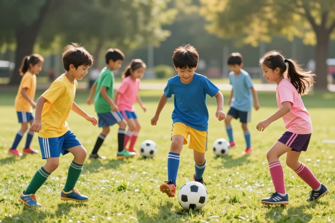 A vibrant scene depicting a group of enthusiastic children engaged in various warm-up soccer games in a safe, outdoor environment. In the foreground, three kids—two boys and a girl—are actively playing a tag game, their faces lit up with joy and determination. The boys are wearing bright, modest sports shorts and matching t-shirts, while the girl is in a colorful workout outfit. In the middle, a small group of children practices dribbling a soccer ball, showcasing their focus and energy. The background features a sunny park setting with green grass and trees, creating a cheerful atmosphere. Soft, natural lighting brings warmth to the scene, capturing the essence of fun and fitness in a lively and safe play area.