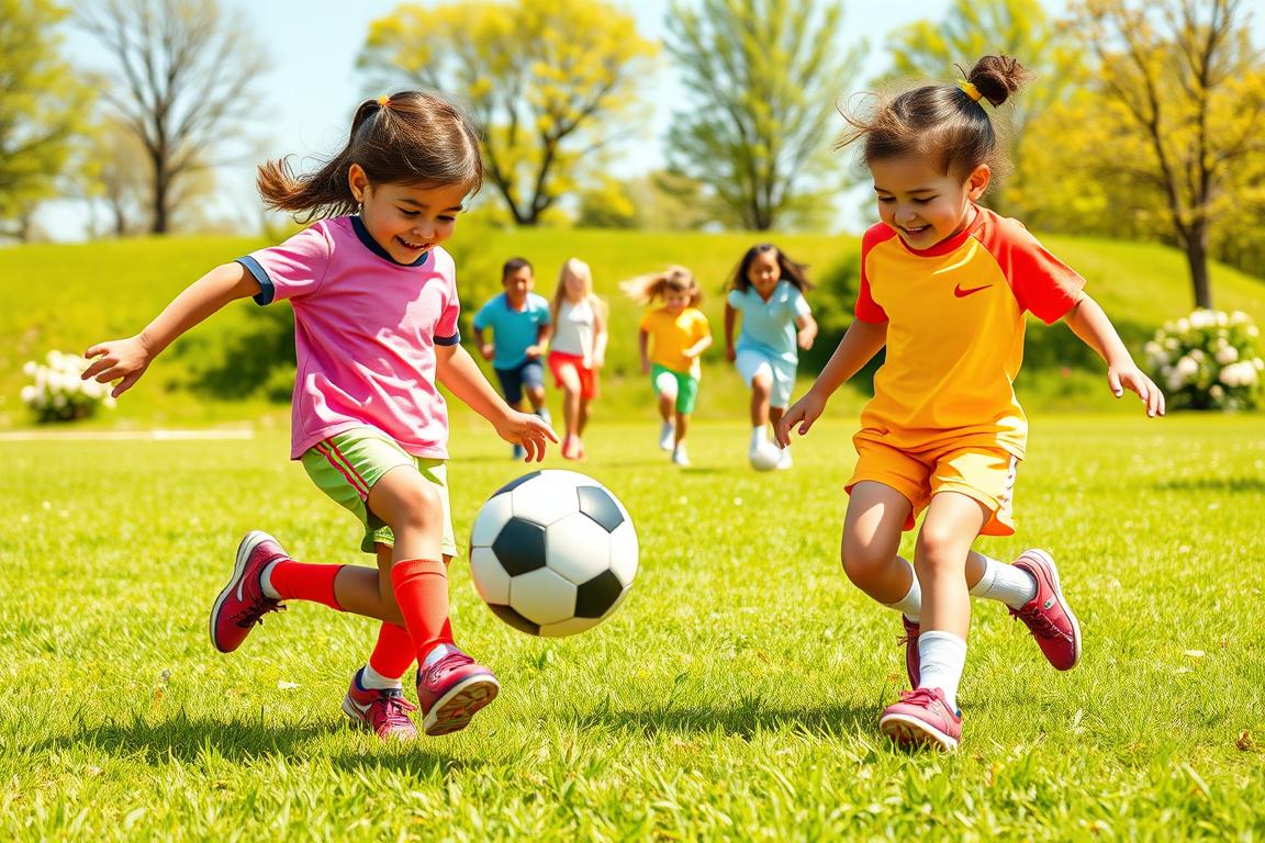 A vibrant scene depicting a group of smiling preschoolers playing soccer in a sunny park setting. In the foreground, two children, a boy and a girl, wearing colorful, modest athletic clothing, cheerfully kick a soft soccer ball towards each other. In the middle, a small group of friends, including diverse ethnic backgrounds, eagerly runs and plays, showing excitement and joy. The background features a lush green field, dotted with blooming flowers and a clear blue sky. Soft natural lighting casts gentle shadows, enhancing the cheerful atmosphere. The image conveys a sense of fun, friendship, and active play, perfect for illustrating a moment of youthful enthusiasm in preschool soccer. A vibrant scene depicting a group of smiling preschoolers playing soccer in a sunny park setting. In the foreground, two children, a boy and a girl, wearing colorful, modest athletic clothing, cheerfully kick a soft soccer ball towards each other. In the middle, a small group of friends, including diverse ethnic backgrounds, eagerly runs and plays, showing excitement and joy. The background features a lush green field, dotted with blooming flowers and a clear blue sky. Soft natural lighting casts gentle shadows, enhancing the cheerful atmosphere. The image conveys a sense of fun, friendship, and active play, perfect for illustrating a moment of youthful enthusiasm in preschool soccer.