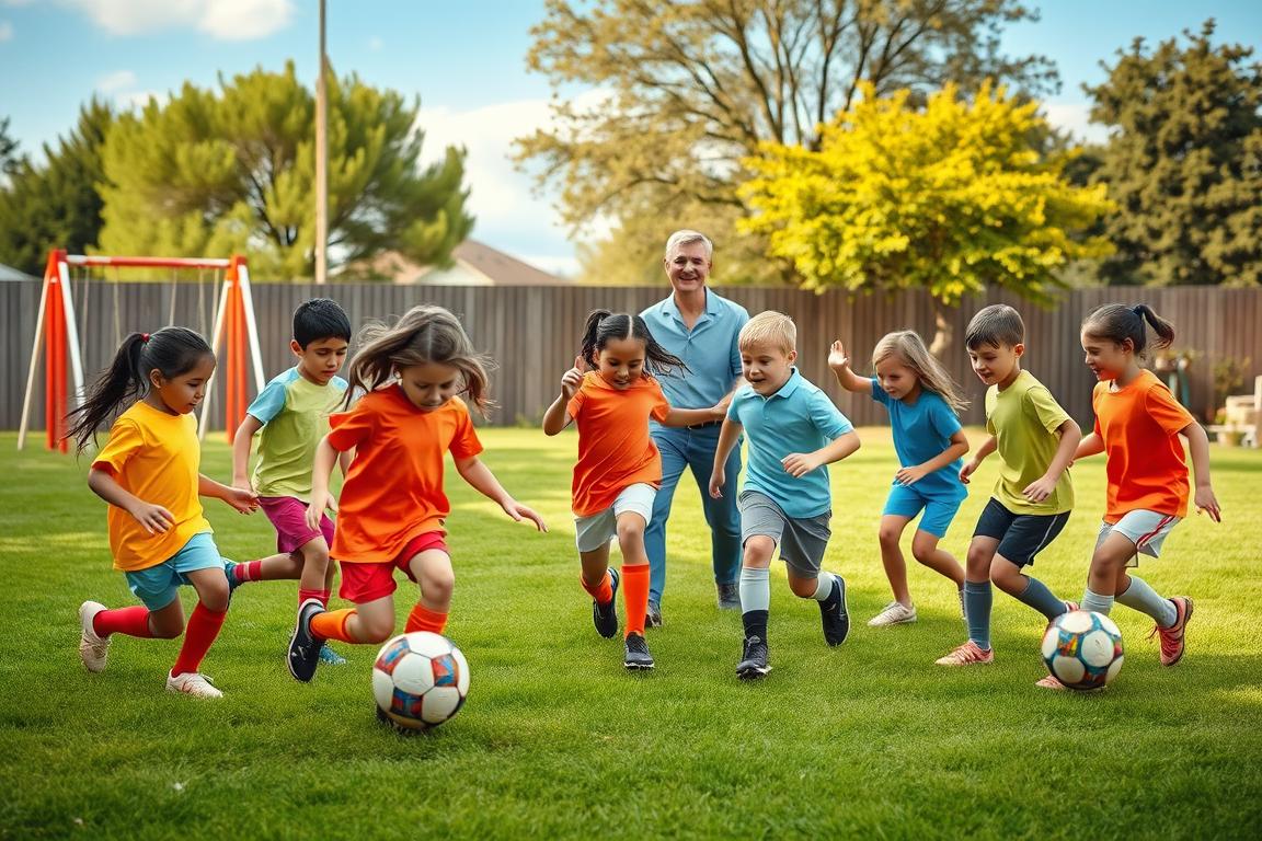 A vibrant scene depicting a small soccer group in a backyard setting. In the foreground, a diverse group of children, aged 8 to 12, in bright, modest athletic clothing, are enthusiastically playing soccer together, showcasing various skill levels. Some are dribbling the ball, while others are positioned for a pass. In the middle ground, a pair of smiling coaches, dressed in casual, professional attire, are watching and guiding the players. The background features green grass, colorful playground equipment, and trees gently swaying under a blue sky, creating a cheerful atmosphere. Soft, warm lighting highlights the joyful expressions of the children. The angle captures the dynamic playfulness, emphasizing community and inclusion, perfect for illustrating the idea of matching players by age and skill.