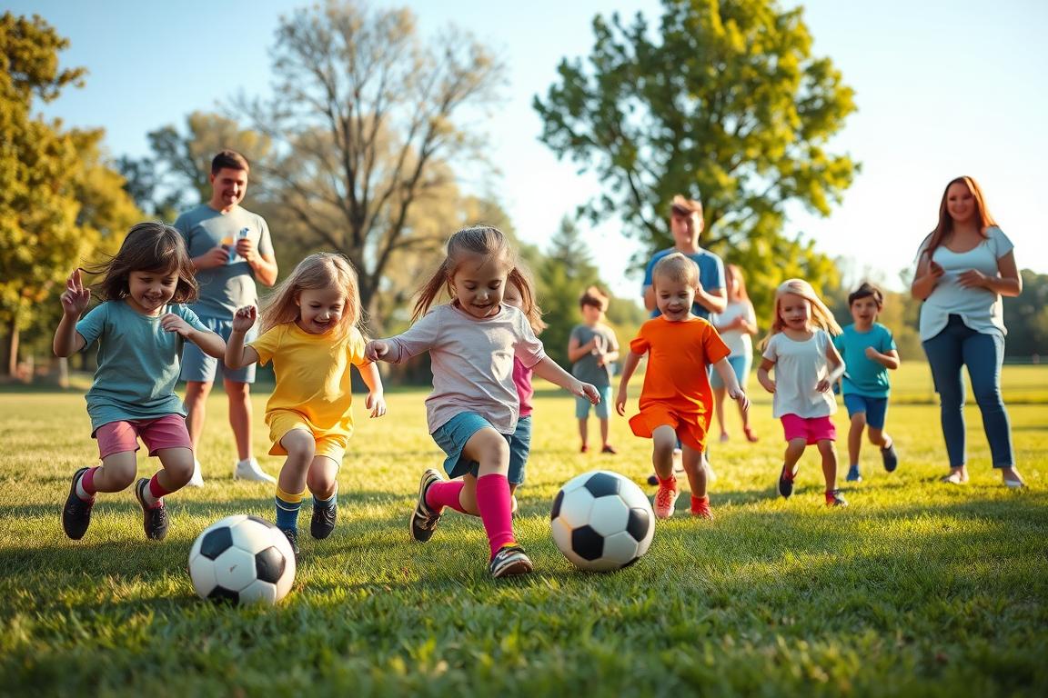 A vibrant scene depicting young children, around 5 to 7 years old, playing soccer on a sunny day in a grassy park. In the foreground, a diverse group of smiling kids in colorful, modest athletic clothing joyfully kick a soccer ball together, showcasing their enthusiasm for the game. In the middle ground, enthusiastic parents cheer from the sidelines, holding water bottles and snacks, creating a supportive environment. The background features trees and a clear blue sky, casting warm, inviting sunlight on the scene. Use soft colors to enhance the friendly, playful atmosphere, with a focus on the joy of starting soccer at a young age. Capture this moment from a slightly elevated angle to include both the children and their surroundings, emphasizing the excitement of youth sports.