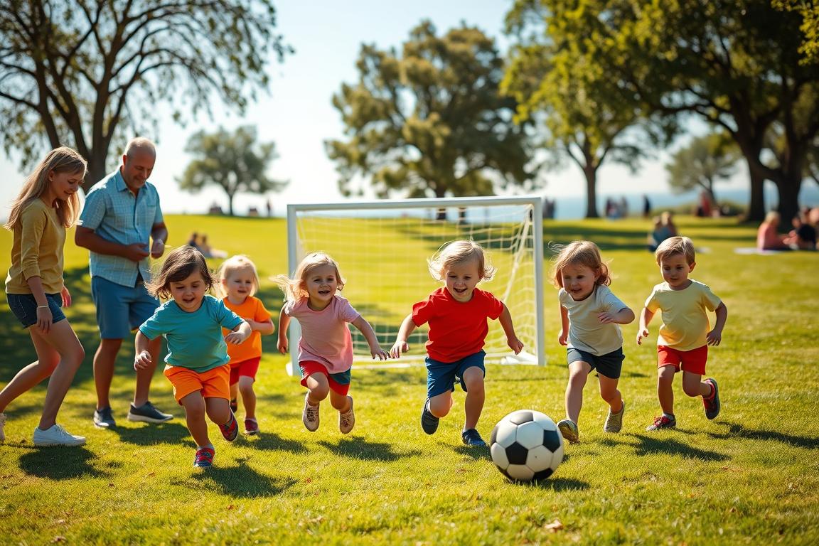 A vibrant scene of a small-sided soccer game set in a sunny park, showcasing young children aged 3-5 years old wearing colorful, modest sports attire. In the foreground, a group of smiling toddlers are playfully chasing a soccer ball with joyful expressions, while a couple of attentive parents cheer them on from the side. In the middle ground, a small goal post stands against a backdrop of lush green grass and playful trees, adding to the lively atmosphere. The lighting is warm and soft, creating a friendly vibe. The background features a clear blue sky and distant families enjoying a picnic, enhancing the community feel. The overall mood is cheerful and supportive, portraying a nurturing environment for young athletes.
