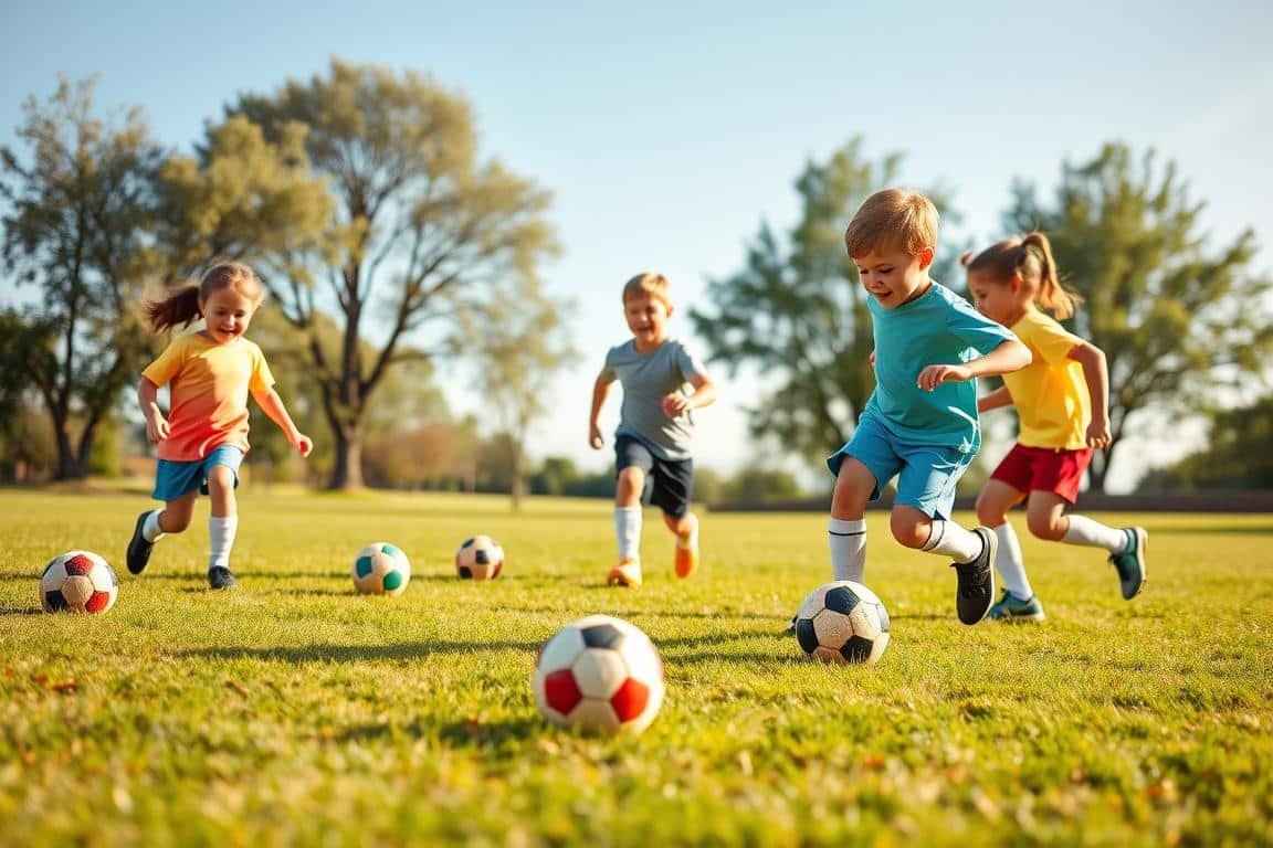 A vibrant scene of preschool soccer players aged 3-5 years old, demonstrating ball control on a sunny day. In the foreground, several smiling children are engaged in playful practice, dribbling small, colorful soccer balls across a grassy field. Their modest, casual clothing features bright colors, adding to the cheerful atmosphere. In the middle ground, a friendly coach is guiding one child, showcasing supportive interaction. The background features a clear blue sky and gentle trees, creating a safe play environment. The lighting is soft and warm, simulating a late afternoon sun, evoking a sense of joy and learning. The composition captures movement and enthusiasm, emphasizing the milestones in ball control for young players, perfect for illustrating the essence of preschool soccer development. A vibrant scene of preschool soccer players aged 3-5 years old, demonstrating ball control on a sunny day. In the foreground, several smiling children are engaged in playful practice, dribbling small, colorful soccer balls across a grassy field. Their modest, casual clothing features bright colors, adding to the cheerful atmosphere. In the middle ground, a friendly coach is guiding one child, showcasing supportive interaction. The background features a clear blue sky and gentle trees, creating a safe play environment. The lighting is soft and warm, simulating a late afternoon sun, evoking a sense of joy and learning. The composition captures movement and enthusiasm, emphasizing the milestones in ball control for young players, perfect for illustrating the essence of preschool soccer development.