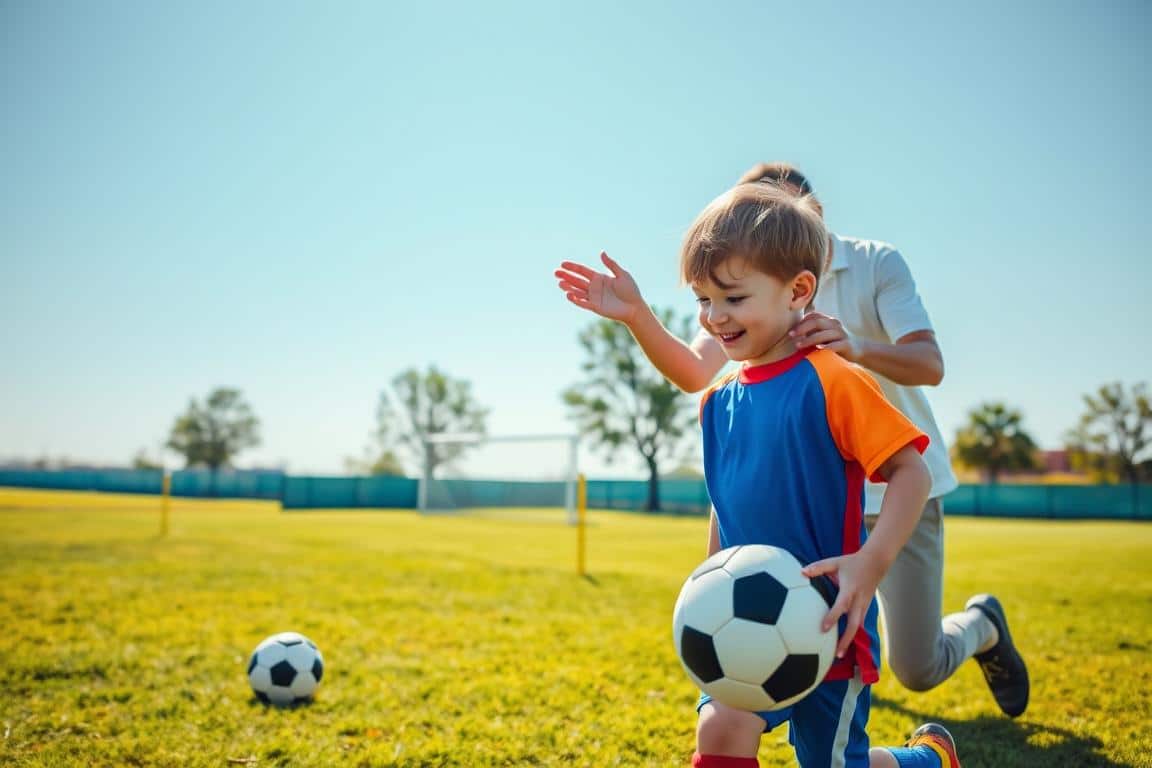 A vibrant soccer field under a bright blue sky serves as the setting. In the foreground, a smiling young child in a colorful soccer jersey dribbles a soccer ball, showcasing enthusiasm and energy. An experienced coach, dressed in a simple, modest casual outfit, demonstrates a fundamental dribbling technique, gently guiding the child. The middle ground features green grass and goalposts, while the background captures a few trees and a soft, warm sunlit sky, creating an inviting atmosphere. The scene is illuminated by soft, natural light, adding warmth and friendliness to the interaction. The overall mood conveys joy, encouragement, and the spirit of learning in a safe, playful environment. A vibrant soccer field under a bright blue sky serves as the setting. In the foreground, a smiling young child in a colorful soccer jersey dribbles a soccer ball, showcasing enthusiasm and energy. An experienced coach, dressed in a simple, modest casual outfit, demonstrates a fundamental dribbling technique, gently guiding the child. The middle ground features green grass and goalposts, while the background captures a few trees and a soft, warm sunlit sky, creating an inviting atmosphere. The scene is illuminated by soft, natural light, adding warmth and friendliness to the interaction. The overall mood conveys joy, encouragement, and the spirit of learning in a safe, playful environment.
