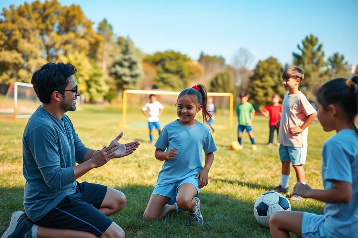 A vibrant soccer practice scene set in a sunlit, grassy field, showcasing a diverse group of smiling kids aged 8-12 in modest athletic attire, engaged in a one-on-one coaching session. In the foreground, a friendly coach is kneeling beside a young girl, patiently explaining techniques with enthusiastic gestures. The middle ground features several pairs of kids practicing drills, their expressions showing focus and determination. In the background, colorful goalposts and trees add depth, while a clear blue sky enhances the feeling of a joyful day outdoors. The overall mood is positive and encouraging, with soft colors dominating the palette, evoking a sense of teamwork and communication. The composition should be captured from a slightly elevated angle, highlighting the interactions and connections among the young players. A vibrant soccer practice scene set in a sunlit, grassy field, showcasing a diverse group of smiling kids aged 8-12 in modest athletic attire, engaged in a one-on-one coaching session. In the foreground, a friendly coach is kneeling beside a young girl, patiently explaining techniques with enthusiastic gestures. The middle ground features several pairs of kids practicing drills, their expressions showing focus and determination. In the background, colorful goalposts and trees add depth, while a clear blue sky enhances the feeling of a joyful day outdoors. The overall mood is positive and encouraging, with soft colors dominating the palette, evoking a sense of teamwork and communication. The composition should be captured from a slightly elevated angle, highlighting the interactions and connections among the young players.