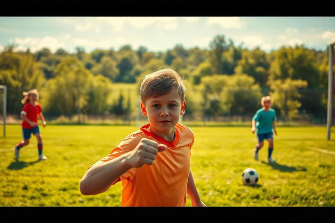 A vibrant, sun-dappled soccer field, with a group of young defenders, their faces alight with focus and determination. In the foreground, a player sets a clear goal, visualizing their path to the net, their form captured in a soft, cinematic light. The middle ground shows their teammates, offering encouragement and support, creating a nurturing, safe environment. In the background, a lush, verdant landscape frames the scene, evoking a sense of tranquility and growth. The overall mood is one of positivity, unity, and the pursuit of excellence, perfectly capturing the essence of "Soccer Parenting for Young Defenders".
