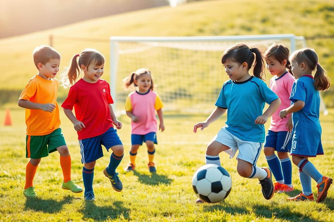 A vibrant youth soccer scene set in a sunny field, featuring smiling children aged 6-12 wearing brightly colored soccer uniforms, engaging in friendly practice under the guidance of a coach. The foreground showcases kids dribbling a soccer ball, while the middle ground includes a coach giving instructions, emphasizing the importance of safety equipment like shin guards and appropriate footwear. In the background, an inviting soccer facility with soft green grass, safety cones, and goalposts highlights a safe play environment. The soft sunlight casts gentle shadows, creating a warm and encouraging atmosphere. The image should convey a sense of community, care, and adherence to safety guidelines, with no text or logos present.