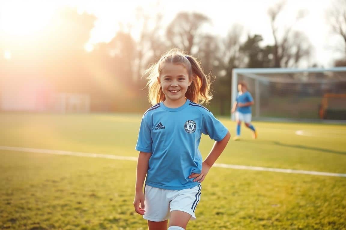 A young girl, around 8-10 years old, dressed in a soccer uniform, stands confidently on a lush, well-maintained soccer field. The lighting is soft and warm, creating a serene, encouraging atmosphere. Her expression is one of joy and determination, as she prepares to take a shot on goal. In the background, a few other players can be seen, also engaged in a lighthearted game. The overall scene conveys a sense of growth, exploration, and the importance of a supportive, nurturing environment for young athletes. A young girl, around 8-10 years old, dressed in a soccer uniform, stands confidently on a lush, well-maintained soccer field. The lighting is soft and warm, creating a serene, encouraging atmosphere. Her expression is one of joy and determination, as she prepares to take a shot on goal. In the background, a few other players can be seen, also engaged in a lighthearted game. The overall scene conveys a sense of growth, exploration, and the importance of a supportive, nurturing environment for young athletes.