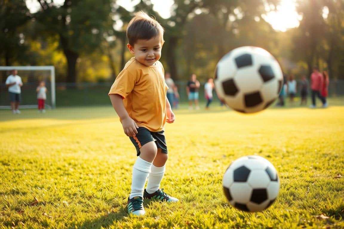A young soccer defender, standing tall on the field, eyes fixed on the ball. Soft afternoon light filters through the trees, casting a warm glow over the scene. The child's face is full of determination, a slight smile playing on their lips as they prepare to intercept the incoming pass. In the background, the sidelines are dotted with supportive parents, cheering on the team with enthusiasm. The grass beneath their feet is lush and well-maintained, creating a safe, nurturing environment for the young players to showcase their skills.
