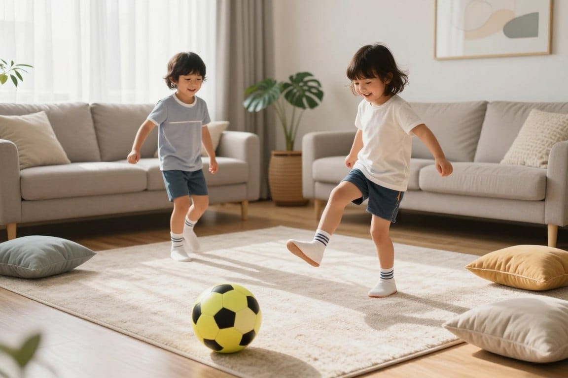 A cozy living room interior designed for safe indoor soccer practice, featuring a soft, vibrant ball in the foreground. The scene includes two smiling children wearing casual sports attire, demonstrating a joyful kick with clear body language reflecting excitement. In the middle, a soft rug serves as a practice area, with scattered cushions to create a safe play environment and prevent injury. The background showcases a well-lit room with warm, natural light filtering through sheer curtains, highlighting a comfortable couch and family-friendly decor. The atmosphere feels cheerful and inviting, perfect for a rainy day activity at home, emphasizing safety and fun.