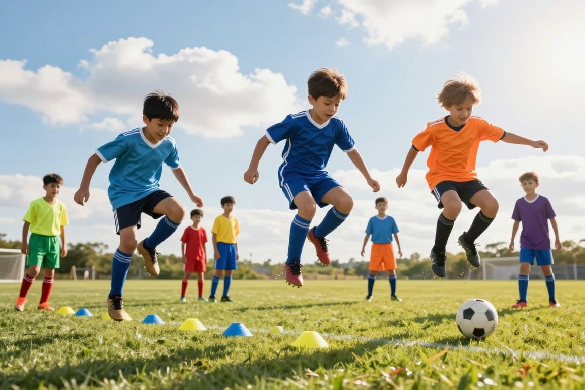 A dynamic scene showcasing young soccer players in training, focused on their jumping techniques. In the foreground, three kids aged 8-12, wearing colorful soccer jerseys and shorts, leap into the air, showcasing powerful jumps and joyful expressions. The middle ground features a grassy soccer field, with a set of practice cones lined up and a few more children observing and practicing their jumps. In the background, a bright blue sky with soft, fluffy clouds adds a hopeful atmosphere, while the sun casts warm, inviting light, highlighting the players' movements. The composition captures the essence of energy and enthusiasm, emphasizing the importance of jumping in soccer, with the focus on skill development in a safe and supportive environment. The image should evoke feelings of excitement and camaraderie among young athletes. A dynamic scene showcasing young soccer players in training, focused on their jumping techniques. In the foreground, three kids aged 8-12, wearing colorful soccer jerseys and shorts, leap into the air, showcasing powerful jumps and joyful expressions. The middle ground features a grassy soccer field, with a set of practice cones lined up and a few more children observing and practicing their jumps. In the background, a bright blue sky with soft, fluffy clouds adds a hopeful atmosphere, while the sun casts warm, inviting light, highlighting the players' movements. The composition captures the essence of energy and enthusiasm, emphasizing the importance of jumping in soccer, with the focus on skill development in a safe and supportive environment. The image should evoke feelings of excitement and camaraderie among young athletes.