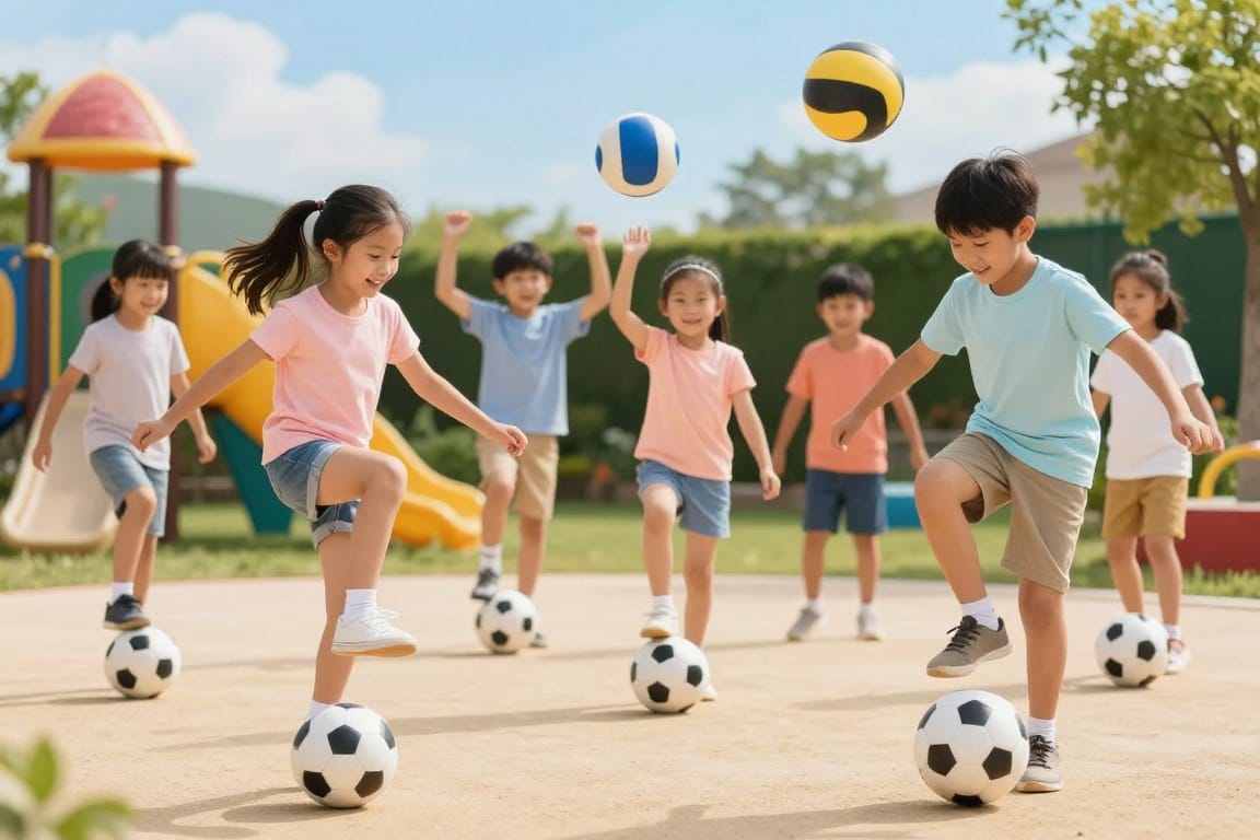 A dynamic scene showing a diverse group of smiling children practicing coordination in a bright, safe play environment. In the foreground, a young girl and a boy are joyfully jumping in sync, demonstrating rhythm while balancing on one foot. The middle ground features more kids engaged in different coordination exercises, like tossing a ball and performing simple dance steps, showcasing teamwork and body control. The background showcases a colorful playground with soft equipment and lush greenery under a clear blue sky, illuminated by warm, soft lighting. The atmosphere is cheerful and energetic, capturing the essence of movement and fun in a supportive setting. A dynamic scene showing a diverse group of smiling children practicing coordination in a bright, safe play environment. In the foreground, a young girl and a boy are joyfully jumping in sync, demonstrating rhythm while balancing on one foot. The middle ground features more kids engaged in different coordination exercises, like tossing a ball and performing simple dance steps, showcasing teamwork and body control. The background showcases a colorful playground with soft equipment and lush greenery under a clear blue sky, illuminated by warm, soft lighting. The atmosphere is cheerful and energetic, capturing the essence of movement and fun in a supportive setting.