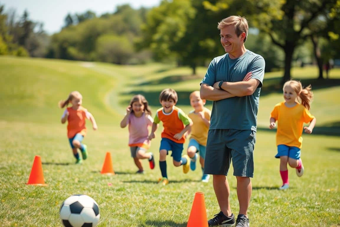 A friendly soccer coach stands in an open park, encouraging a group of smiling kids playing soccer. The coach, dressed in comfortable casual athletic wear, demonstrates how to dribble the ball, while the excited children, in colorful jerseys, practice around him. The foreground features a soccer ball and cones set up for drills. In the middle ground, the enthusiastic kids run, laugh, and interact, showcasing teamwork and joy. The background consists of lush green grass and a clear blue sky, evoking a warm, sunny day. The scene is softly lit, emphasizing a vibrant and playful atmosphere, capturing the essence of coaching kids soccer in a casual and supportive environment.