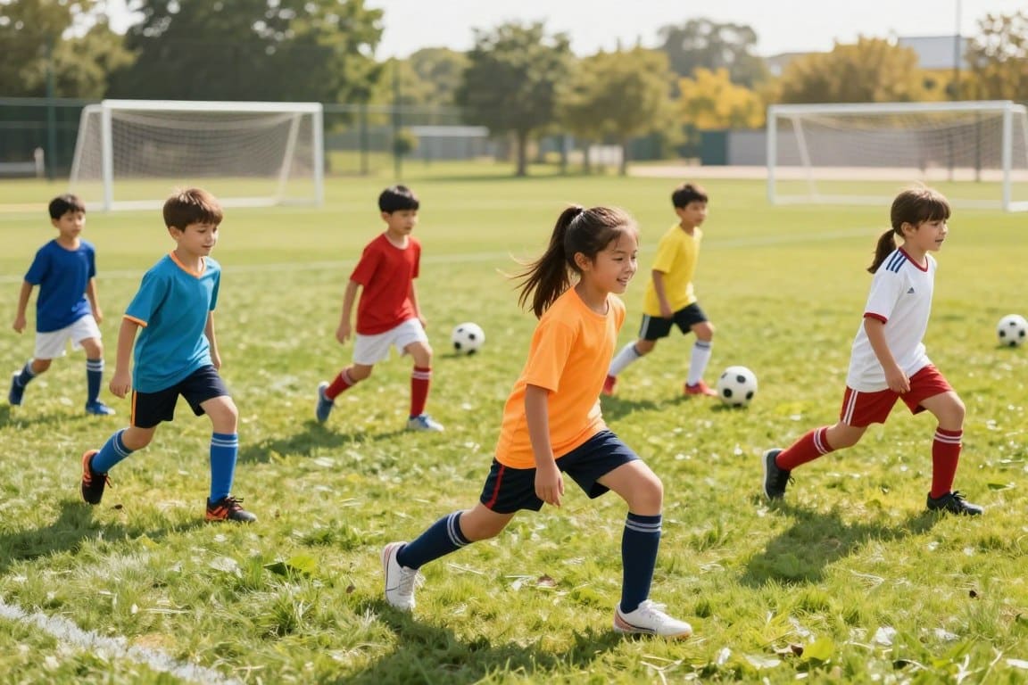 A lively scene showcasing children engaged in dynamic stretching exercises in a sunny soccer practice field. In the foreground, a group of three enthusiastic kids, ages 8-10, wearing colorful and modest soccer attire, perform lunges and leg swings with joyful expressions. The middle ground features a grassy soccer field, with goalposts in the background and a few scattered soccer balls. The lighting is bright and natural, casting soft shadows and creating a cheerful atmosphere. The scene is captured from a low angle to emphasize the movement and energy of the kids, with a wide lens to include the expanse of the field. The overall mood is vibrant and encouraging, depicting a safe and fun environment for young athletes.