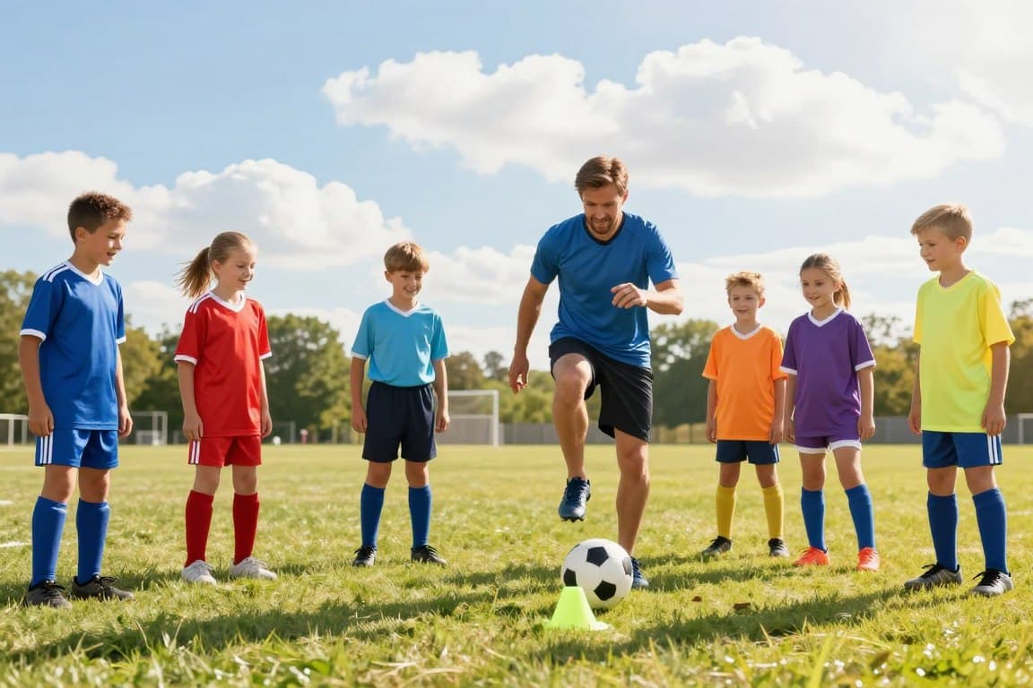 A lively soccer training session taking place on a sunny day on a well-maintained grass field. In the foreground, a group of smiling kids, aged around 8 to 10, engage in jump drills, showcasing their excitement and determination. They wear colorful soccer jerseys and shorts with shin guards, ensuring a safe environment. In the middle ground, a friendly coach demonstrates the jump technique, encouraging the kids with a supportive gesture. The background features a bright blue sky with fluffy white clouds and distant trees, enhancing the cheerful atmosphere. The lighting is warm and inviting, creating a sense of fun and learning. The scene captures the essence of teamwork and joy in soccer training for children, ensuring an inspiring visual for the topic. A lively soccer training session taking place on a sunny day on a well-maintained grass field. In the foreground, a group of smiling kids, aged around 8 to 10, engage in jump drills, showcasing their excitement and determination. They wear colorful soccer jerseys and shorts with shin guards, ensuring a safe environment. In the middle ground, a friendly coach demonstrates the jump technique, encouraging the kids with a supportive gesture. The background features a bright blue sky with fluffy white clouds and distant trees, enhancing the cheerful atmosphere. The lighting is warm and inviting, creating a sense of fun and learning. The scene captures the essence of teamwork and joy in soccer training for children, ensuring an inspiring visual for the topic.
