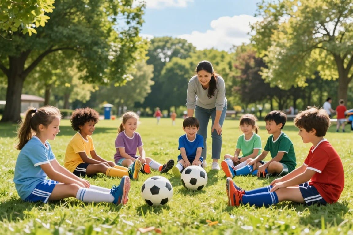 A peaceful family soccer practice scene in a bright, inviting park setting. In the foreground, a group of smiling children, aged around 7 to 10 years, are playfully engaging in a warm-up exercise focusing on their feet and joints. They are wearing colorful, modest sports attire. The children are sitting on soft grass, stretching their legs and laughing, with soccer balls nearby. In the middle ground, a parent or coach encourages the kids, showing them fun warm-up techniques, creating a light-hearted atmosphere. The background features lush green trees, a clear blue sky, and other families enjoying outdoor activities. Soft sunlight filters through the leaves, casting a warm glow on the scene, evoking a sense of joy and togetherness.