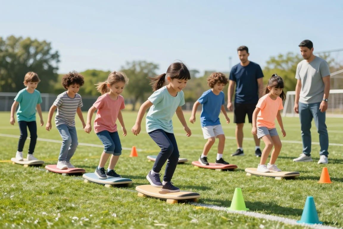 A sunny outdoor sports field, filled with vibrant colors of green grass and soft blue skies. In the foreground, a group of smiling children, wearing comfortable athletic clothing, engage in agility drills on various light-colored balance boards set up in a playful arrangement. Their faces show concentration and joy as they navigate the boards with energy and enthusiasm, while a few cones and agility hurdles are scattered around them. In the middle ground, supportive coaches, also in casual athletic attire, observe and encourage the kids, ensuring a safe and nurturing environment. The background features distant trees and a clear, sunny sky that enhances the cheerful atmosphere of the scene, captured with a depth of field effect to focus on the children’s movements. The overall mood is energetic, inspiring, and full of life.