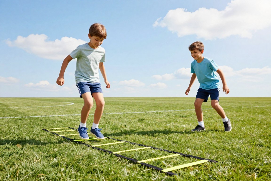 A vibrant agility ladder setup on a grassy soccer field under soft, natural sunlight. In the foreground, a neatly arranged agility ladder with bright yellow rungs contrasts against the lush green grass. In the middle ground, two smiling children, dressed in modest sporty attire, demonstrate the ladder drills, showcasing their joyful expressions and energetic movements. One child is stepping into the ladder while the other prepares for their turn, embodying a playful yet focused atmosphere. In the background, a clear blue sky adds to the cheerful environment, with a few fluffy white clouds. The scene conveys a sense of safe, engaging play, perfect for youth soccer training, captured with a wide angle lens for an immersive view.