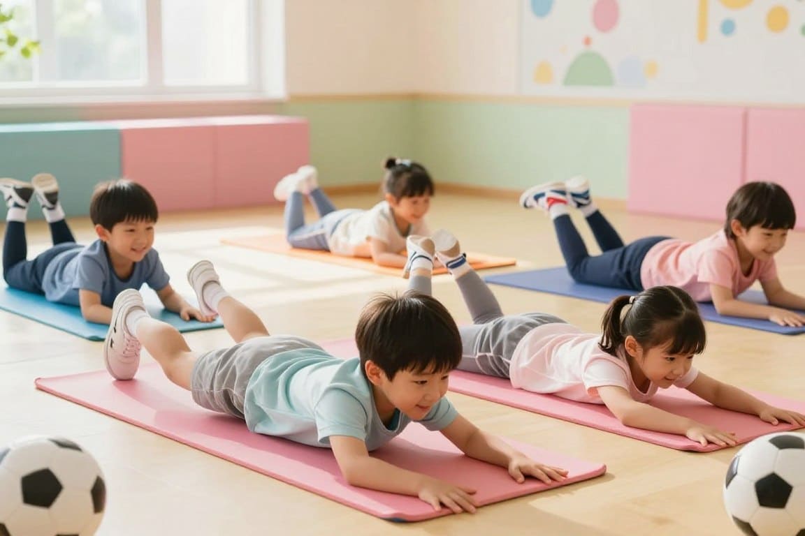 A vibrant and engaging scene depicting a group of young children performing supine core stability exercises on colorful mats in a safe play environment. The foreground features two kids—one boy and one girl—demonstrating front-body strength exercises, such as leg lifts and arm reaches, dressed in modest, comfortable workout attire. The middle ground shows additional kids engaged in similar activities, all smiling and focusing on their movements. In the background, soft pastel colors create a warm, uplifting atmosphere, with natural sunlight filtering through large windows. The setting is cheerful and inviting, filled with playful energy, embodying the spirit of teamwork and physical fitness. Soft shadows enhance the details, creating depth and a sense of activity within the space.