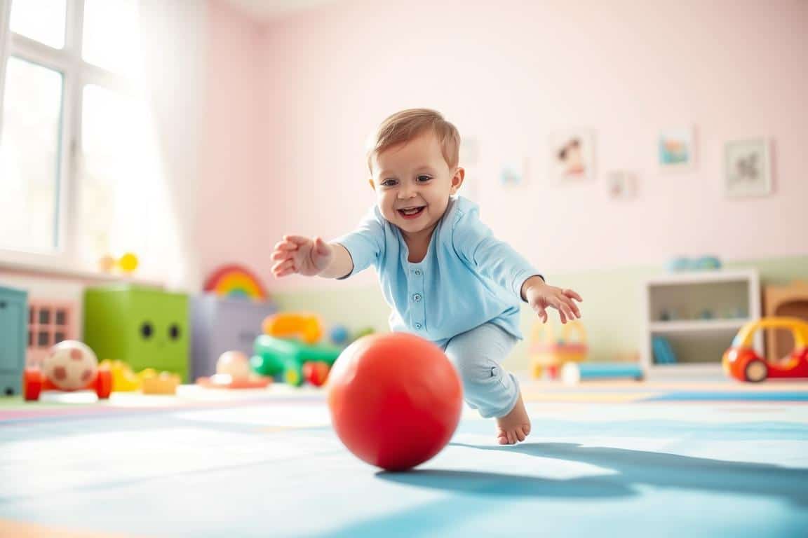 A vibrant indoor playroom filled with soft, natural light streaming in from a window. In the foreground, a smiling toddler, dressed in a light blue shirt and comfortable pants, is engaged in rolling a bright red rubber ball across a colorful play mat. The child is reaching out with excitement, showcasing focused attention. In the middle ground, playful educational toys are scattered around, creating a nurturing environment. The background features soft pastel-colored walls decorated with simple, child-friendly art, emphasizing a safe and inviting space for learning. The atmosphere is cheerful and playful, capturing the joy of early ball-tracking practice for toddlers. The image should have a bright and warm feel, highlighting the fun of learning through play.