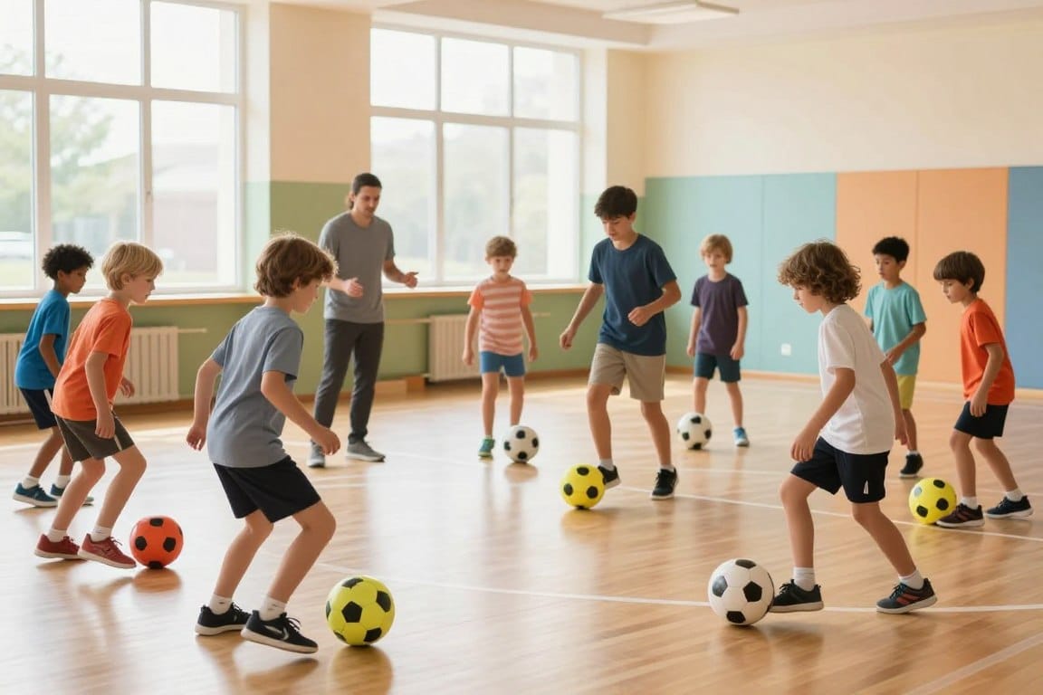 A vibrant indoor soccer setting filled with diverse children aged 5 to 12 playing various modified soccer games that cater to their age and skill levels. In the foreground, a small group of young kids dribbles brightly colored soccer balls, demonstrating teamwork and joy, dressed in modest athletic wear. In the middle ground, a coach provides guidance and encouragement, showcasing inclusive participation. The background features a colorful, well-lit gymnasium with soft, natural lighting streaming through large windows, highlighting safety and fun in the environment. The overall mood is energetic and cheerful, capturing the essence of playful learning and skill adjustment in indoor soccer.
