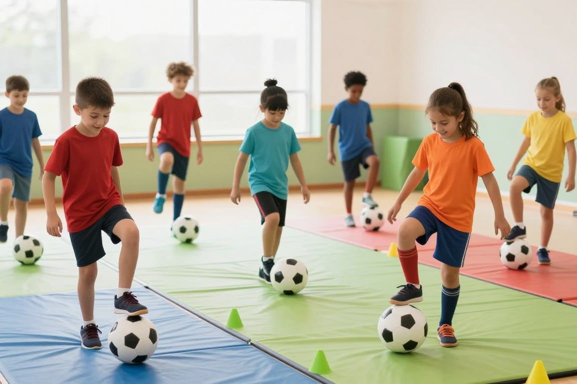 A vibrant indoor soccer space filled with smiling children engaging in warm-up exercises, showcasing balance drills. In the foreground, a diverse group of kids in colorful athletic wear demonstrates various balance poses, such as standing on one leg or practicing coordination with soccer balls. The middle section features bright, soft-colored mats and cones marking different exercise zones. In the background, large windows let in natural light, creating a cheerful and inviting atmosphere. The image captures a sense of fun and teamwork, highlighting the joy of fitness in a cozy, safe environment. Soft focus enhances the joyful mood, while the angle presents an engaging view of the activity, ensuring a lively and motivating scene.